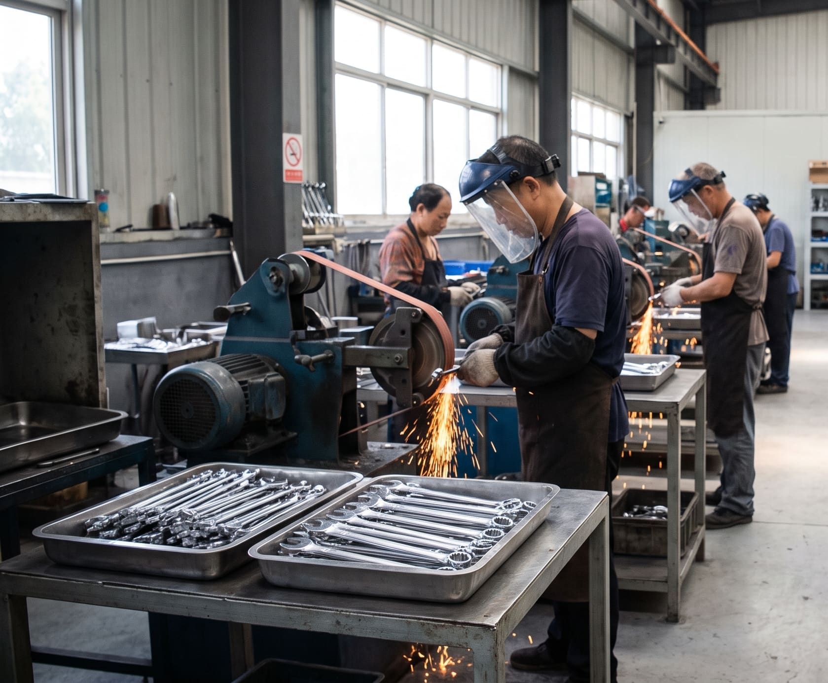 Grinding of forged flat wrenches in a tooling factory
