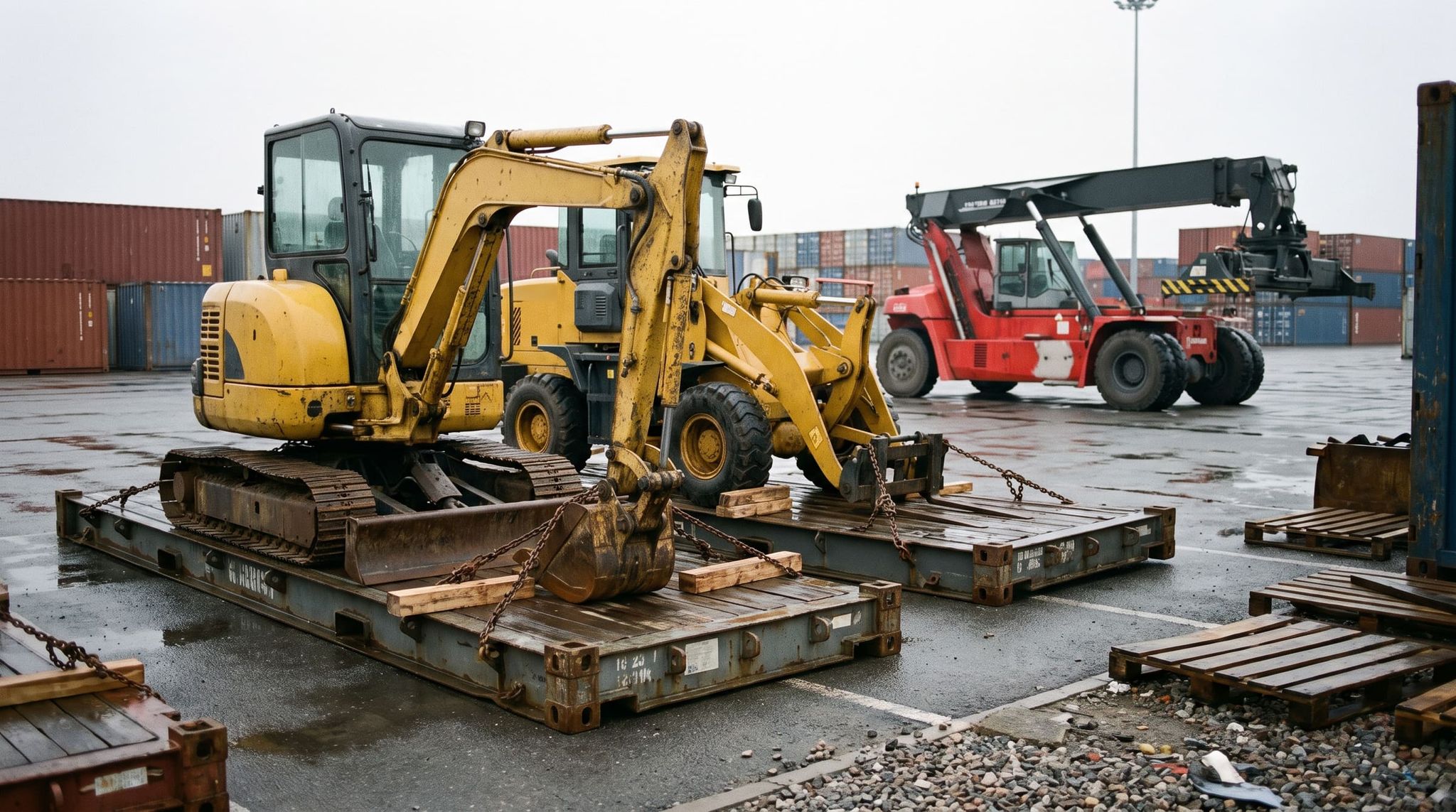 Yellow mini-excavator and compact loader secured with chains on flat rack containers, wooden chocks under the wheels