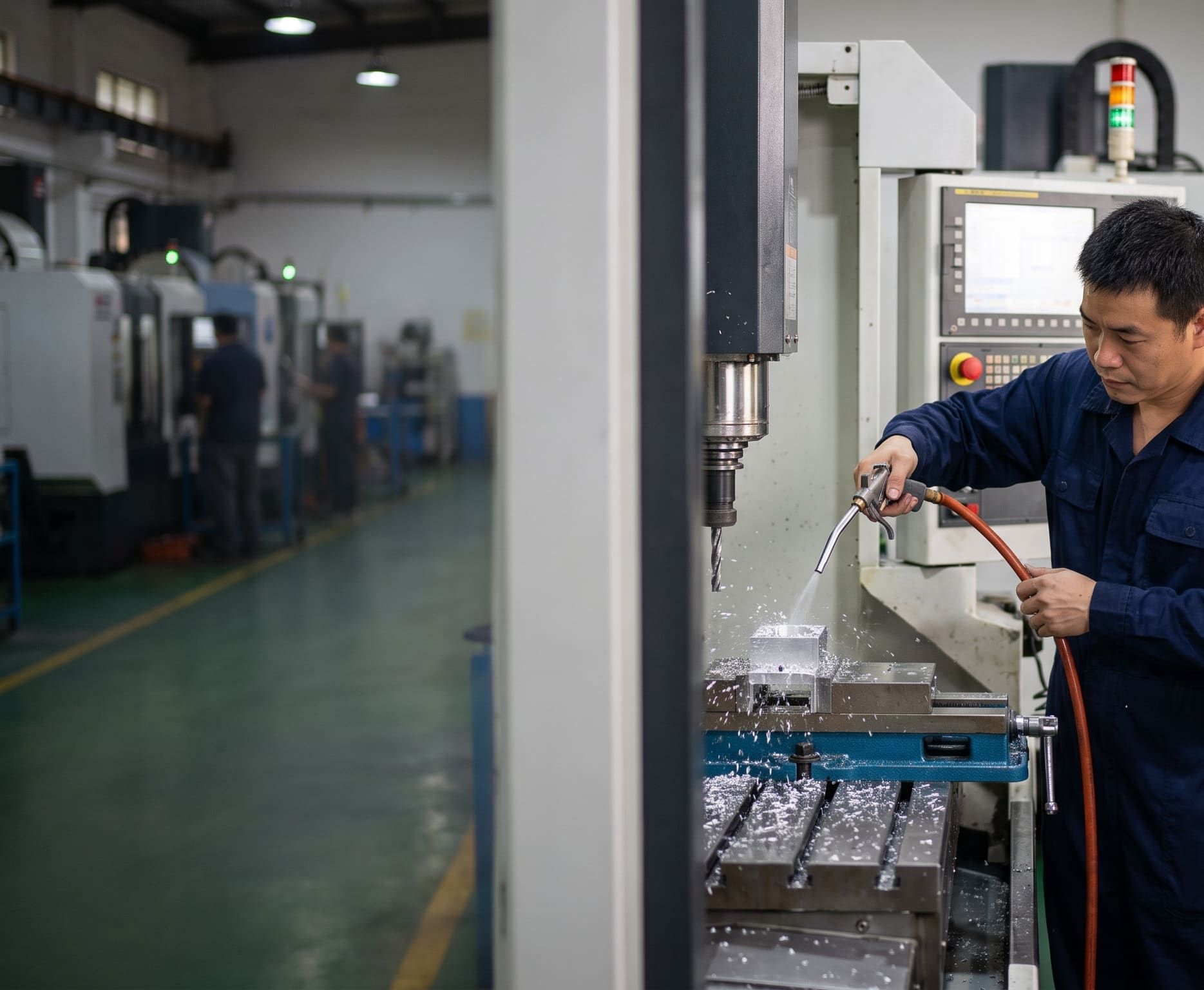 Operator blowing chips off an aluminum part in a machining center