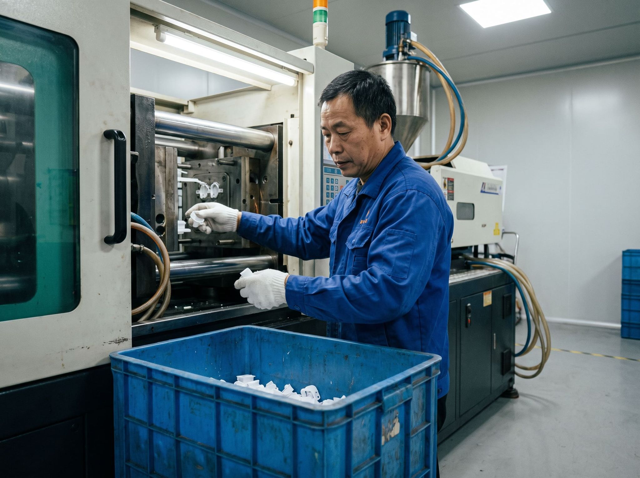 Operator at a plastic injection molding press