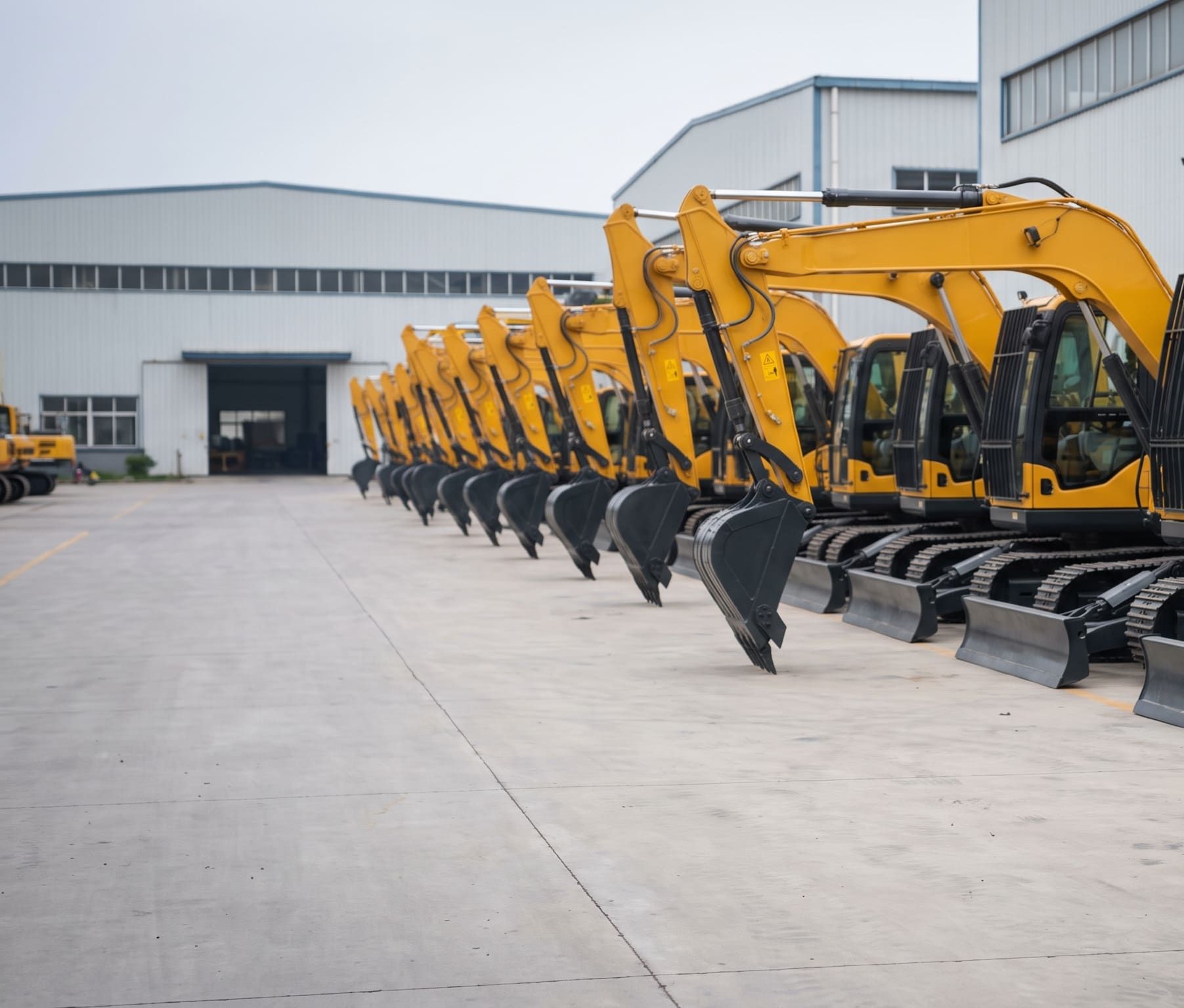 New hydraulic excavators lined up in a factory yard