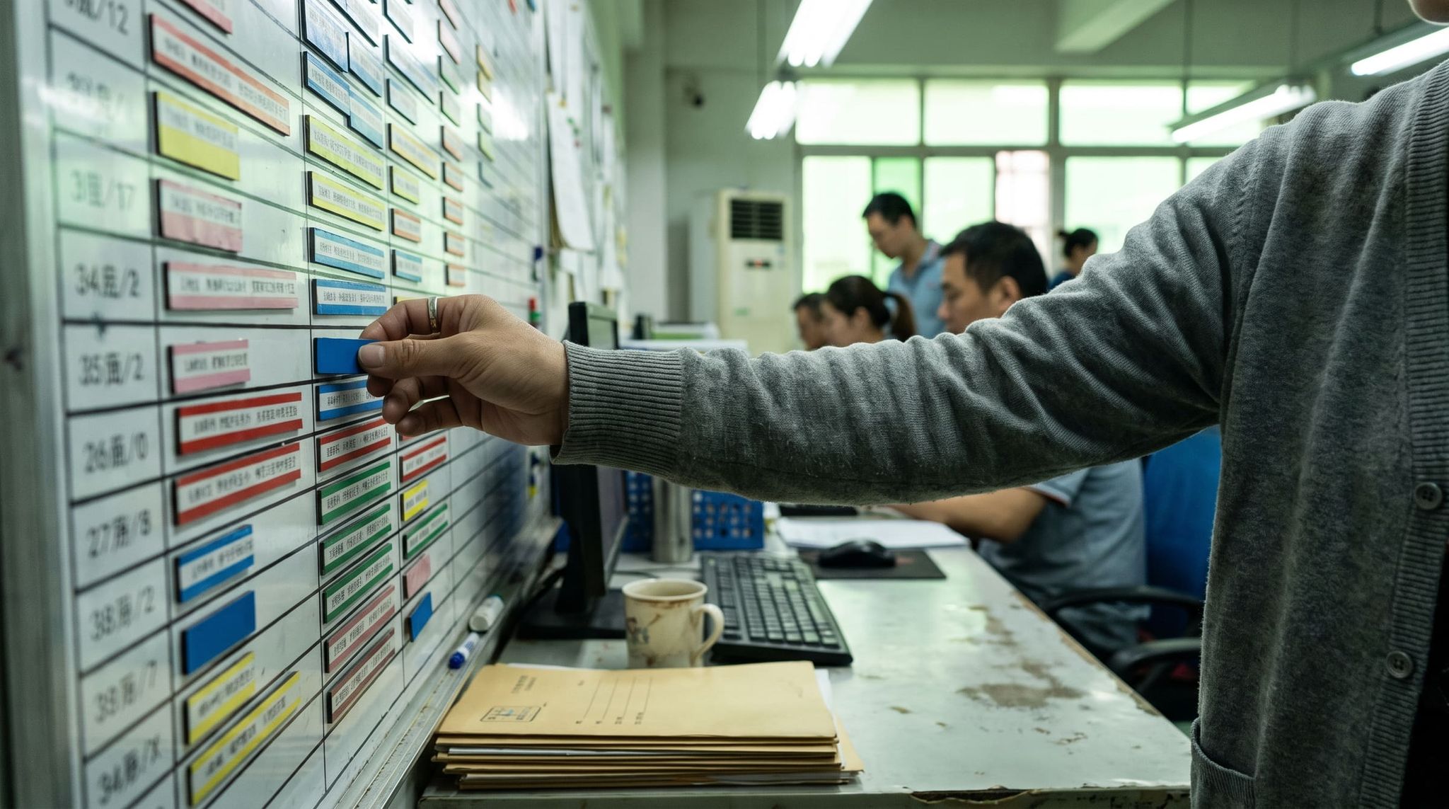 A hand moves a blue magnet on a production planning board in a factory office