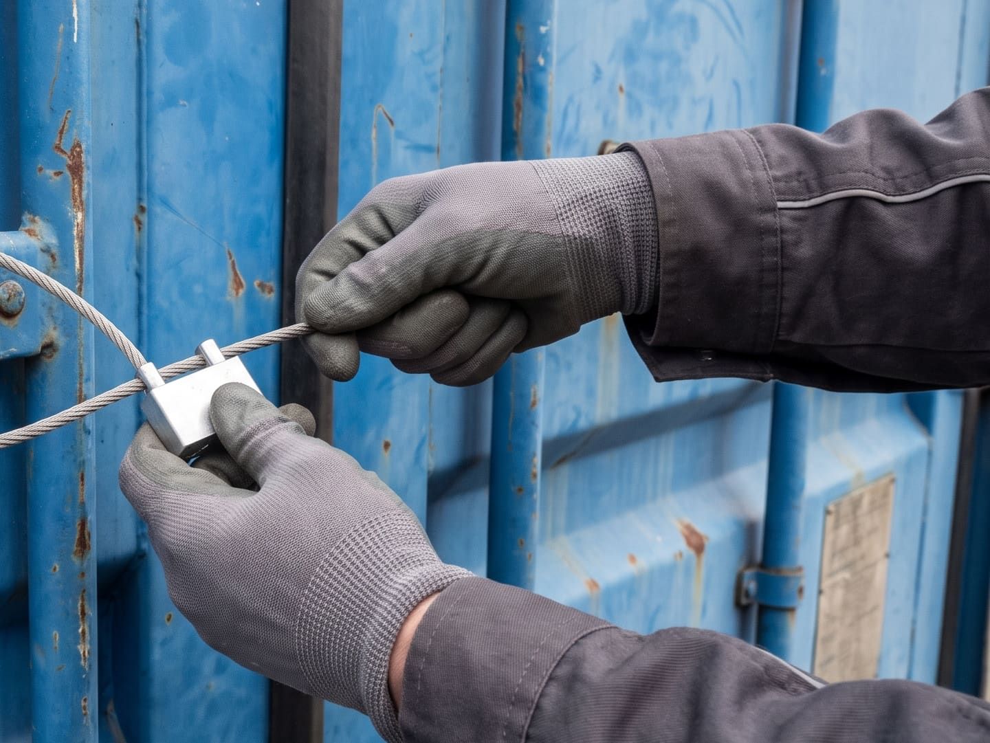 Gloved hands tightening a cable seal on a container door