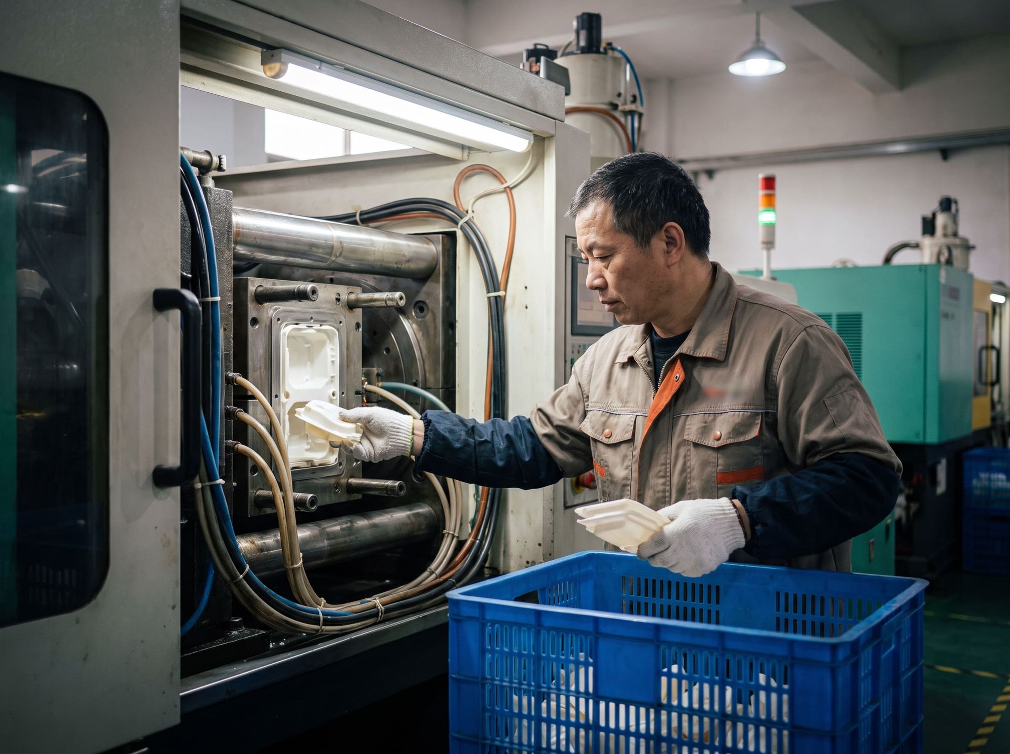 Injection molding machine and bin of plastic parts