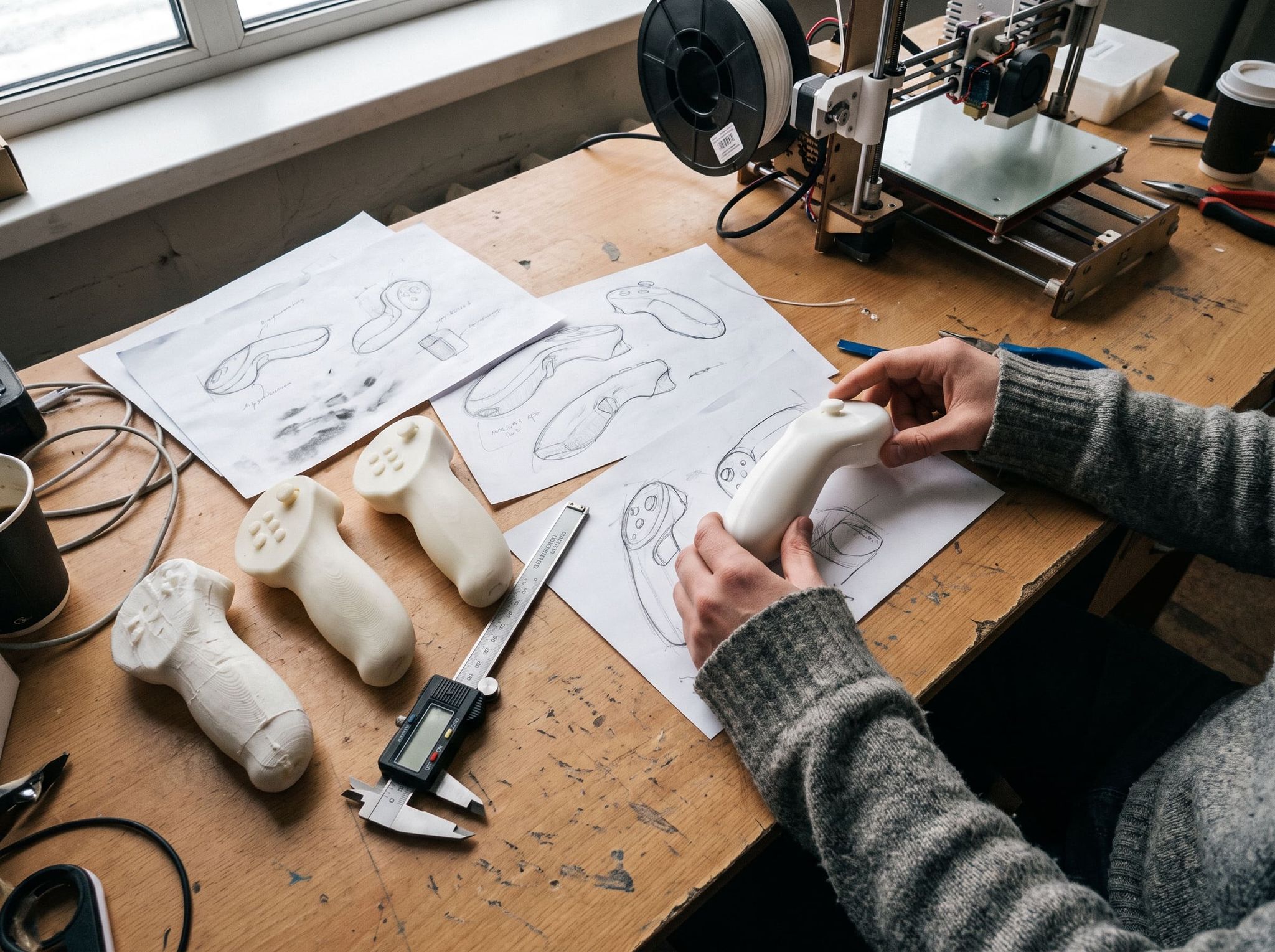 Hands comparing a 3D-printed prototype to a sketch, next to three white mockups and a caliper