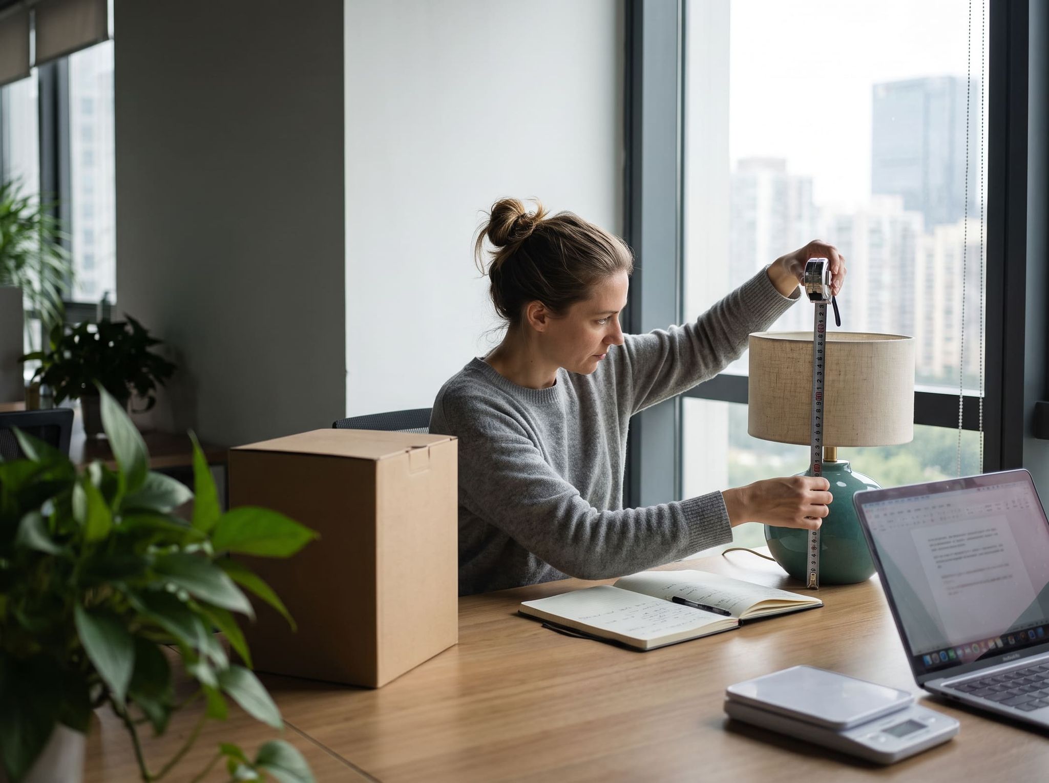 Woman measuring the height of a lamp with a tape measure on a desk, notebook and laptop open beside her