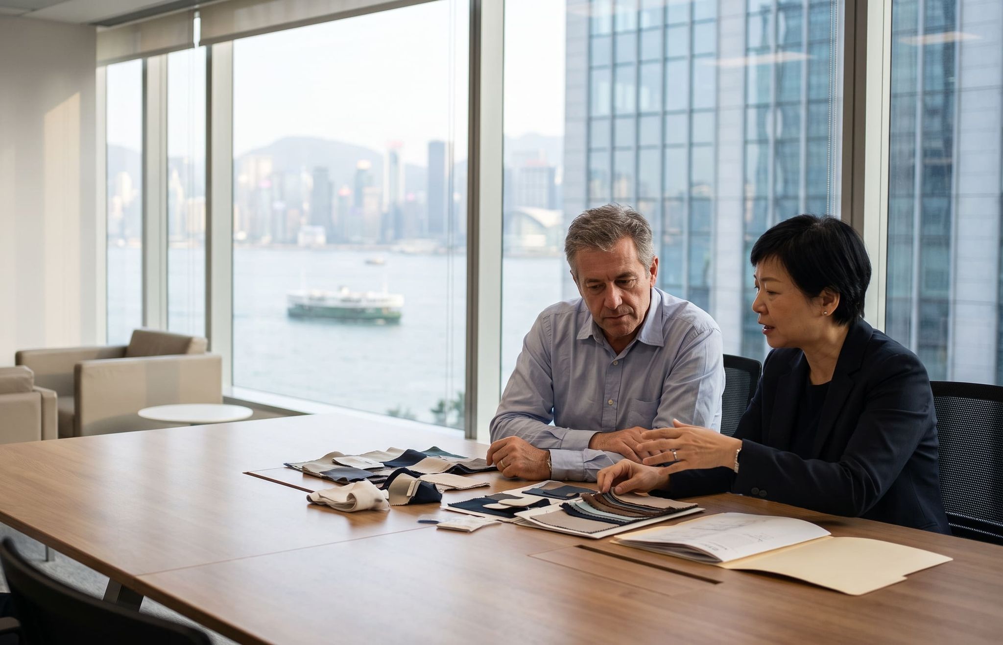 Work meeting in a room overlooking Victoria Harbour, Hong Kong