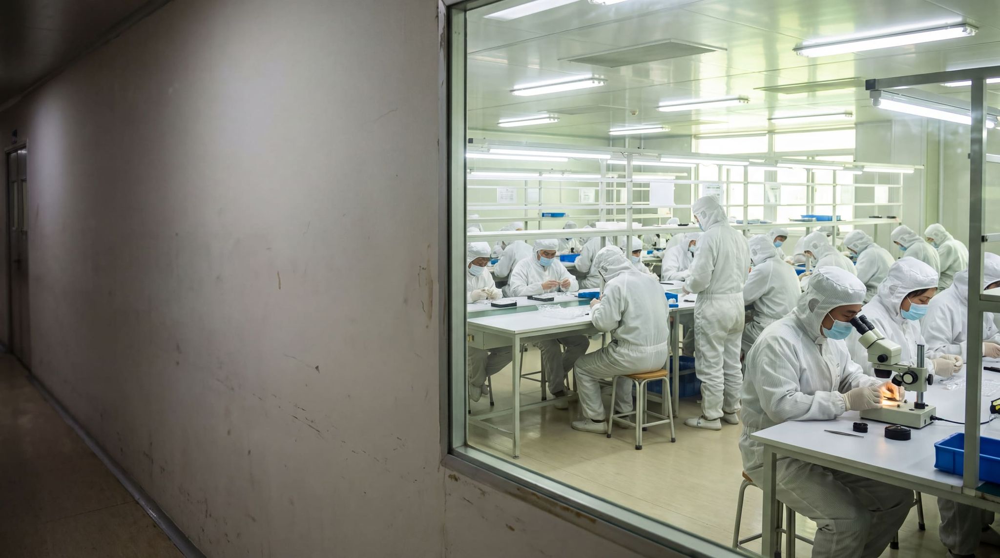 Cleanroom seen from the corridor: operators in full-body suits assembling small devices under a binocular magnifier