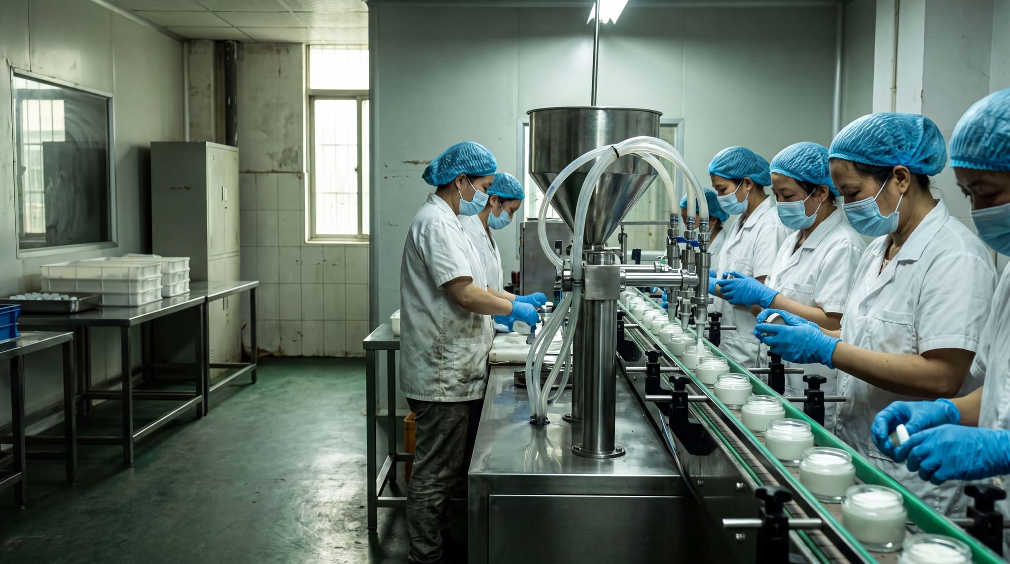 Operators in white coats, hairnets, masks and gloves closing jars of cream on a filling line