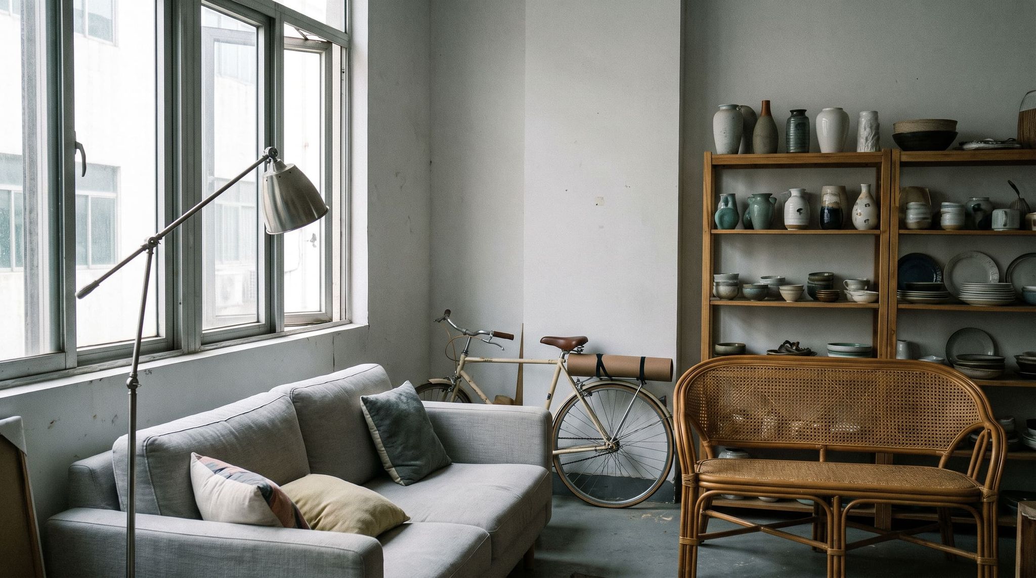 Home and leisure showroom: light gray sofa, floor lamp, rattan bench, bicycle and shelves of ceramics