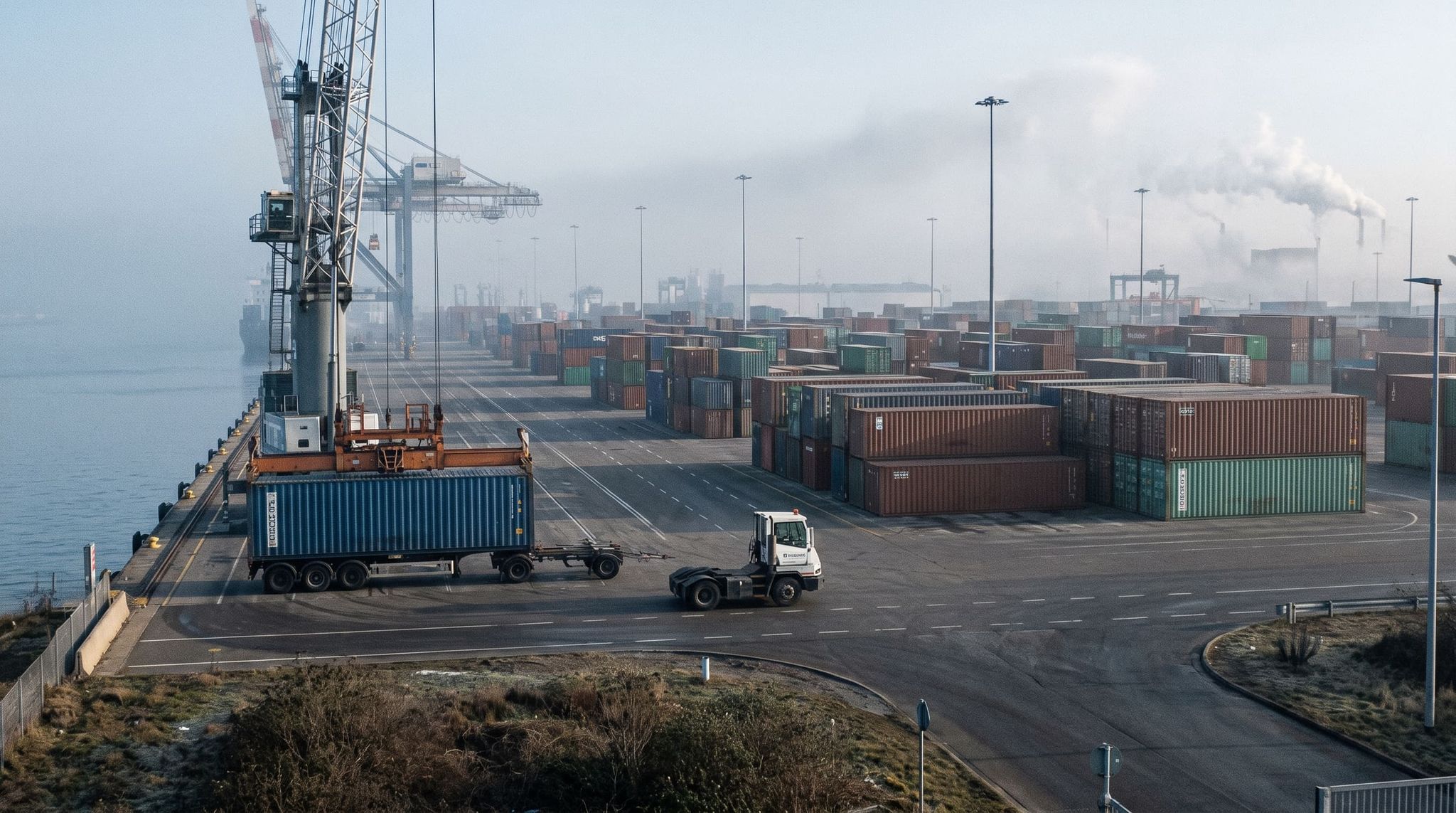 Container terminal in the morning mist: a crane lifting a blue container off a trailer