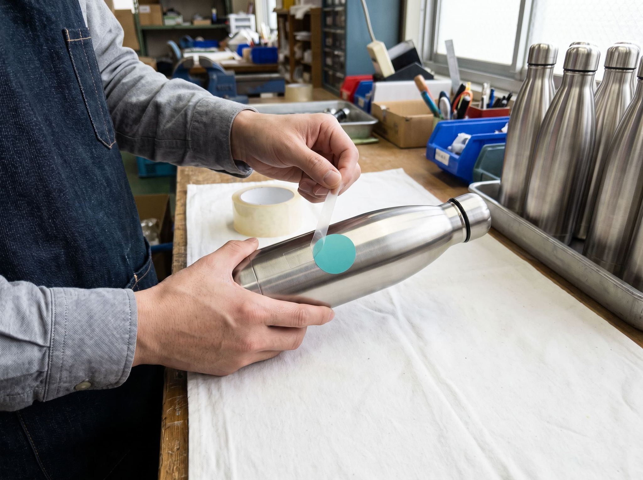 Marking adhesion test: tape is peeled off a printed patch on a stainless steel bottle