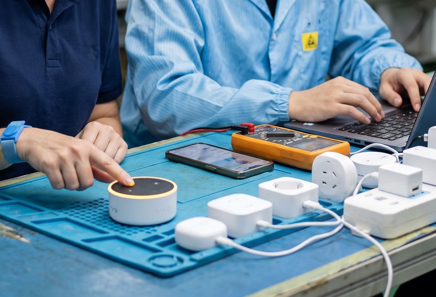 Functional test of connected devices on an antistatic mat