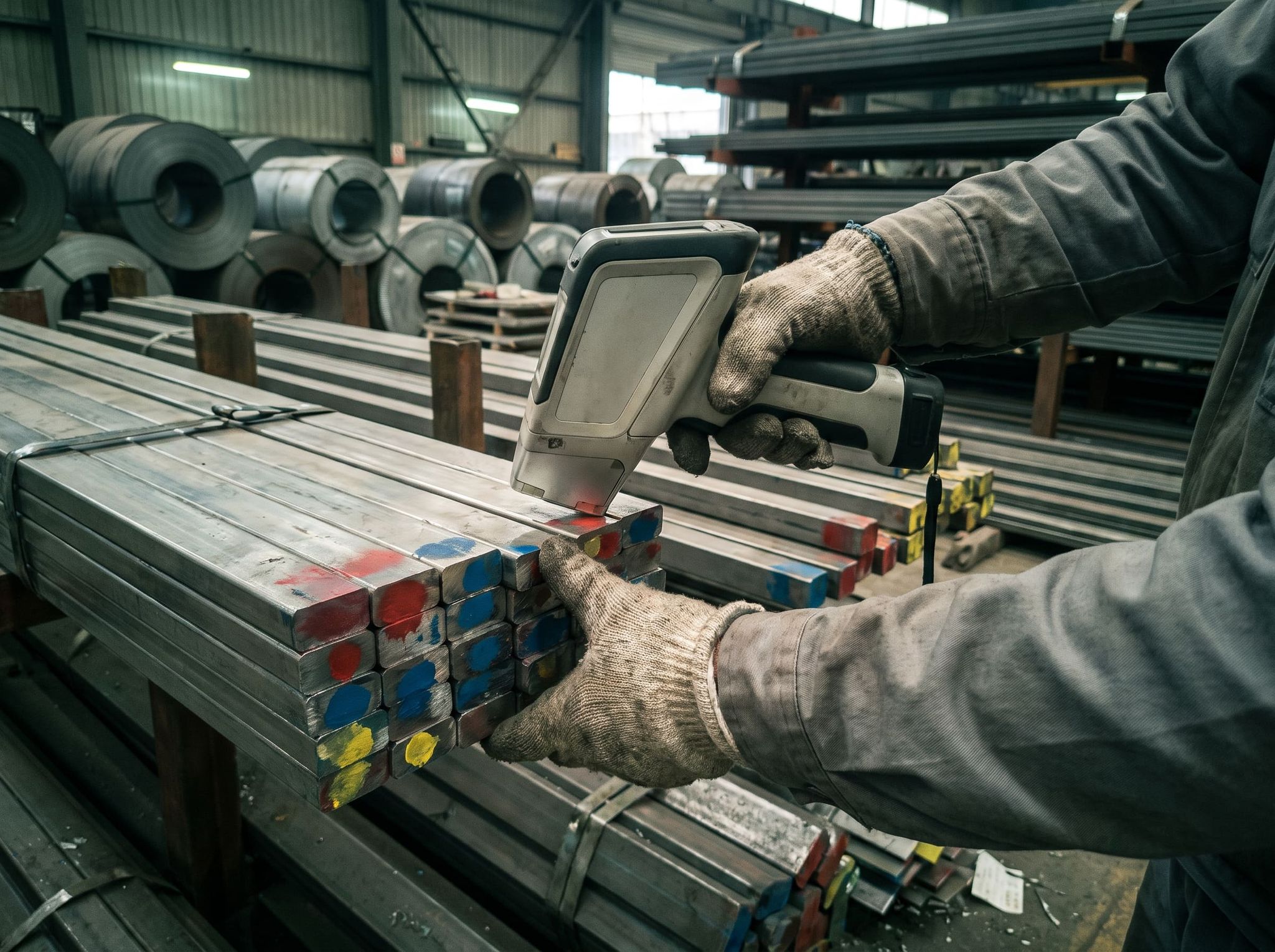 Gloved hands applying a portable XRF analyzer to the end of a bundle of steel bars marked with paint