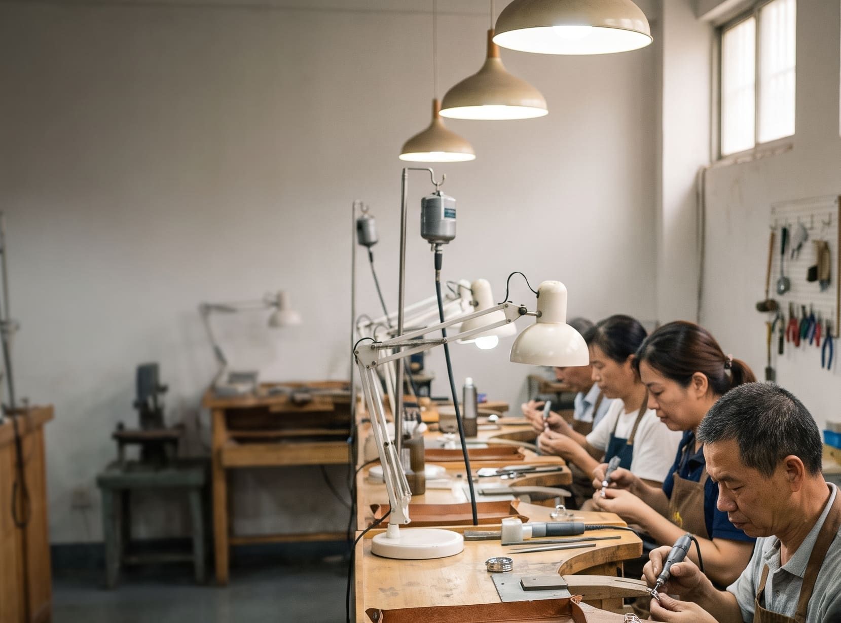 Craftspeople at the workbenches of a jewelry workshop
