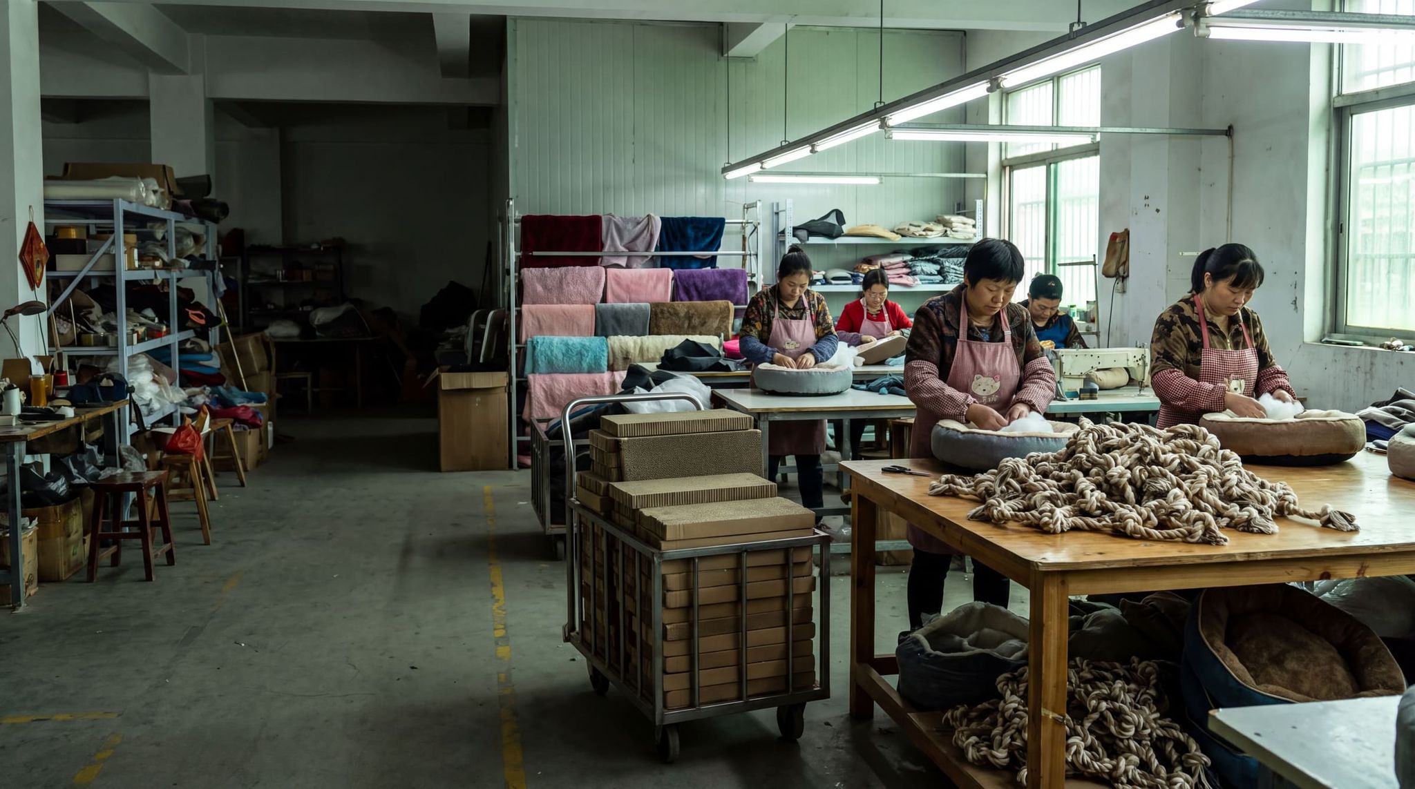 Pet products workshop: workers in aprons filling round baskets, rope toys and cardboard scratchers