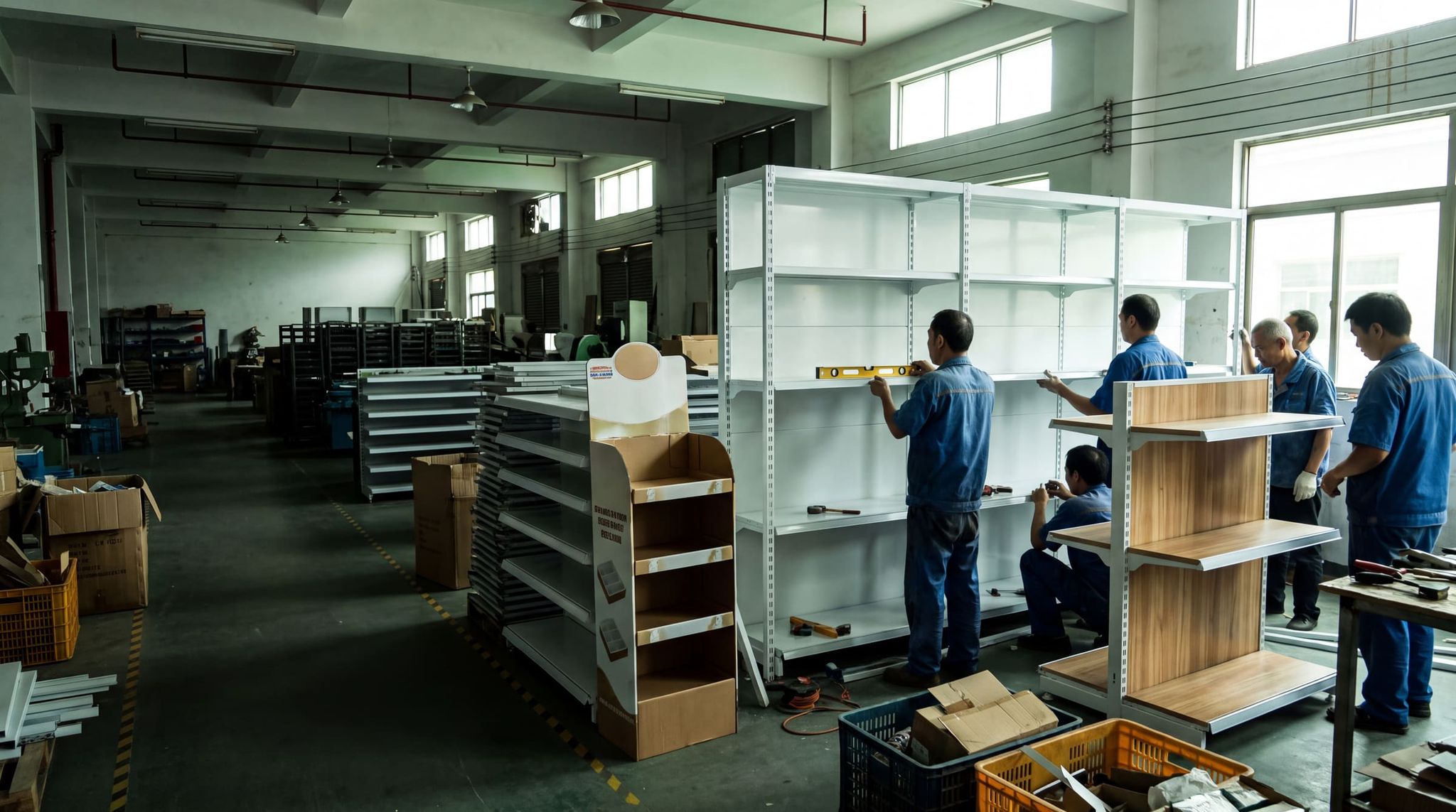 Dry-fit assembly of a white metal gondola and a wooden display stand by workers in blue uniforms