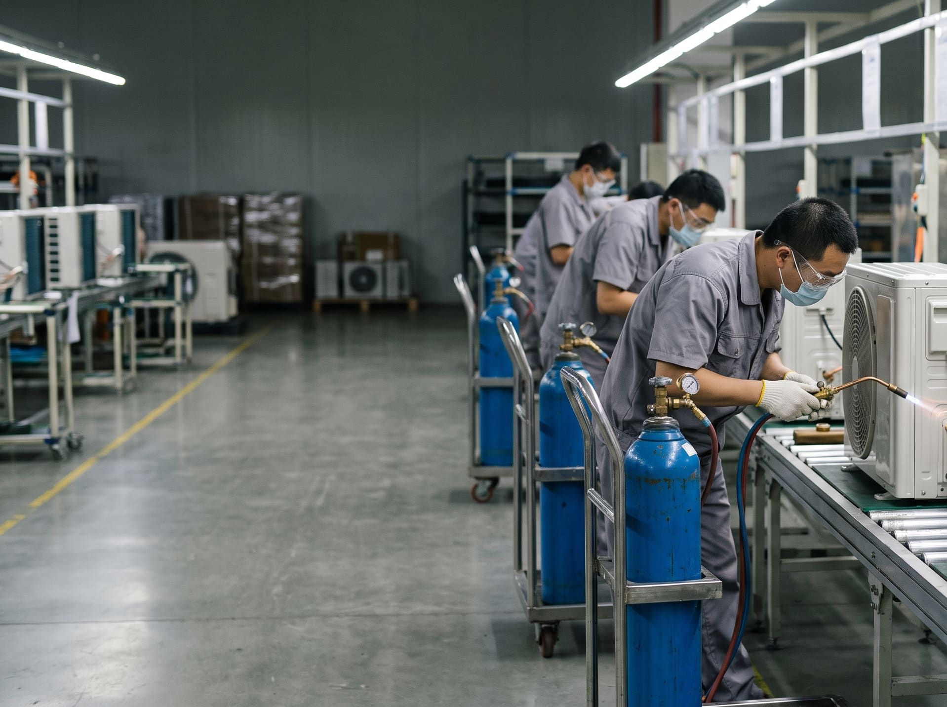 Brazing fittings on a heat pump assembly line