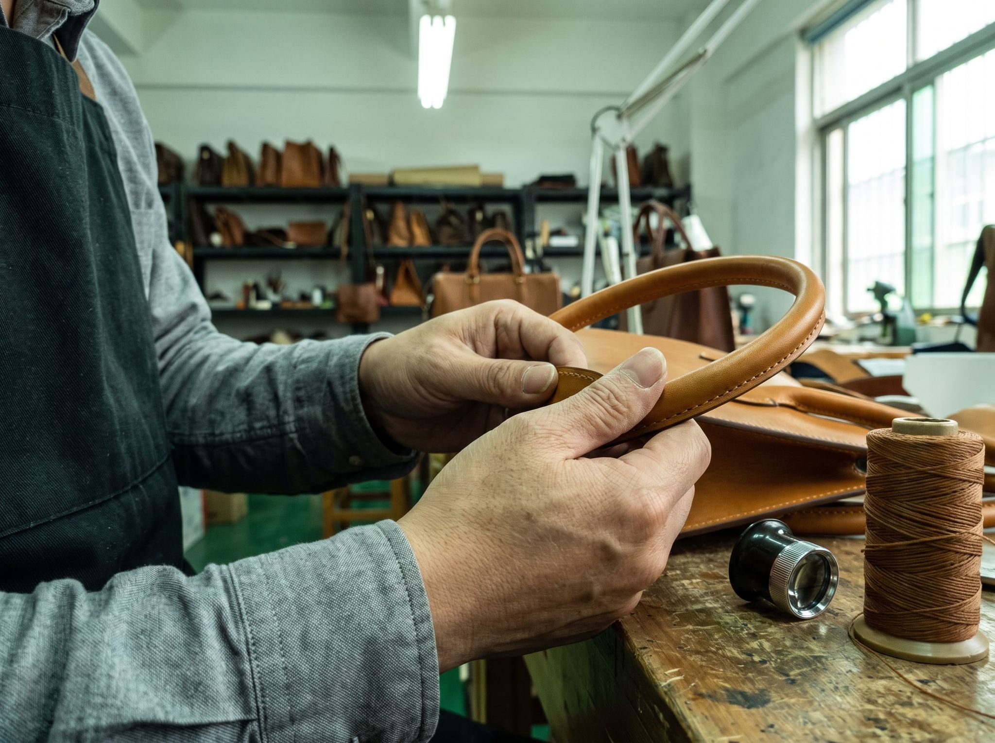 Two hands checking the seam of the handle of a fawn leather bag with a thumb on a workshop bench