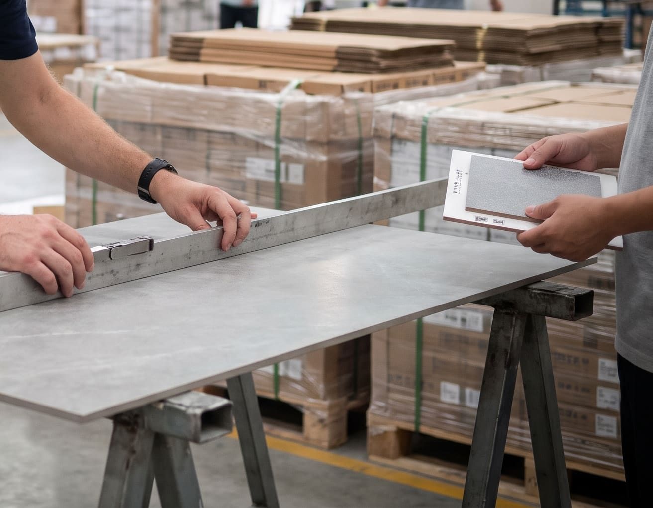 Flatness check on a large tile with a straightedge