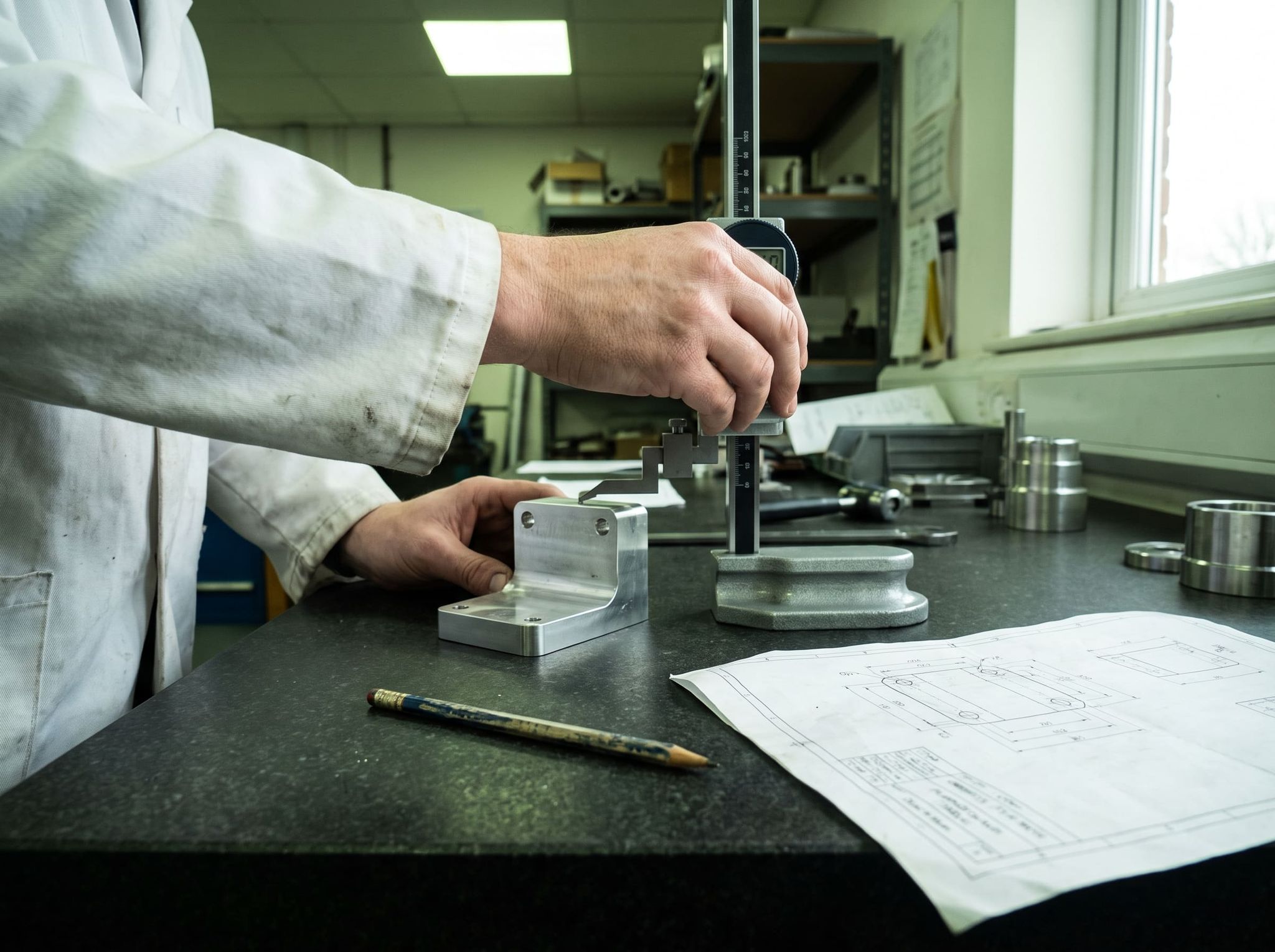 Two hands bring the probe of a digital height gauge onto a machined aluminum angle plate, drawing beside it