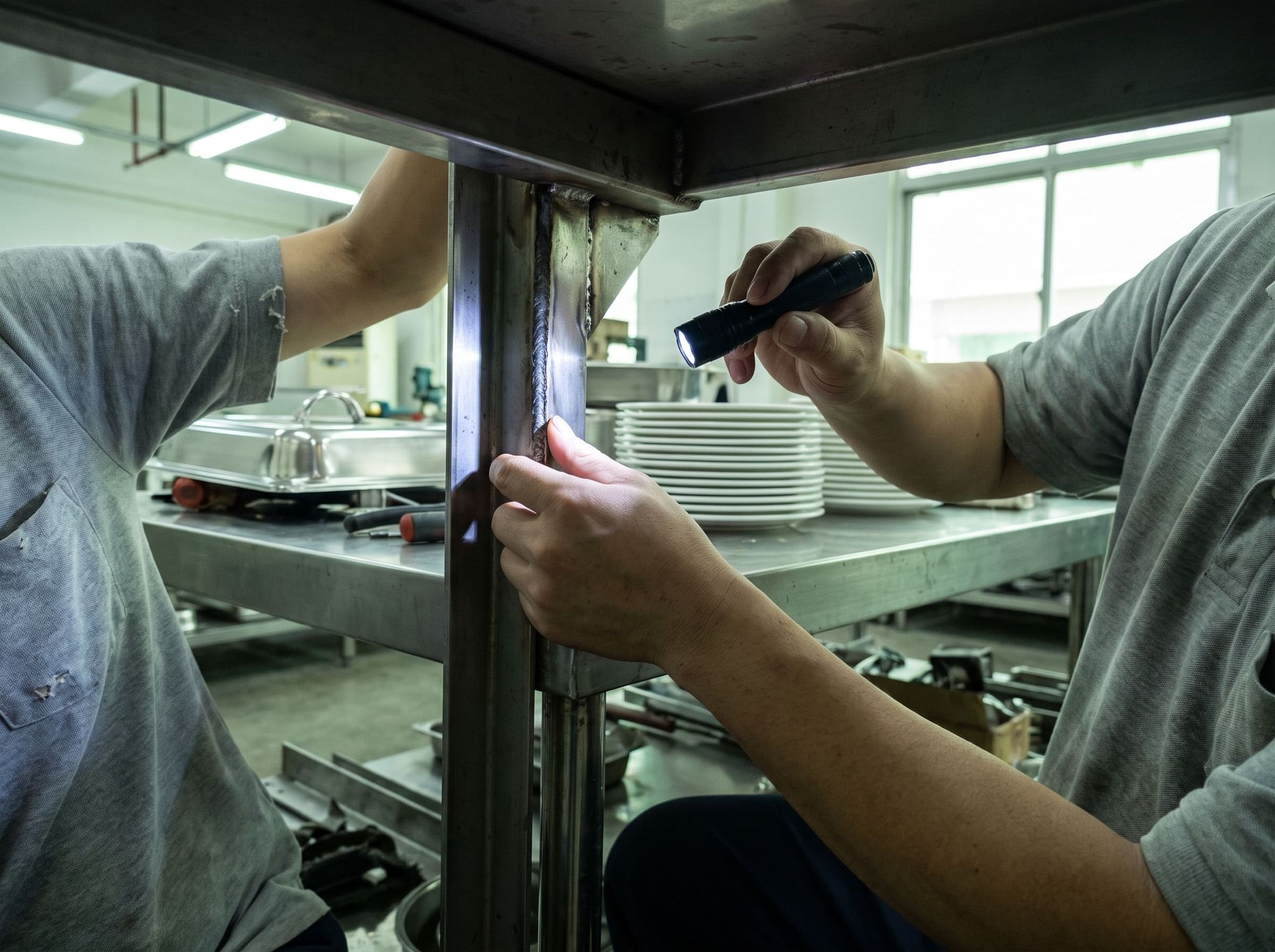 Two hands inspect the weld seam of a stainless steel table leg with a flashlight
