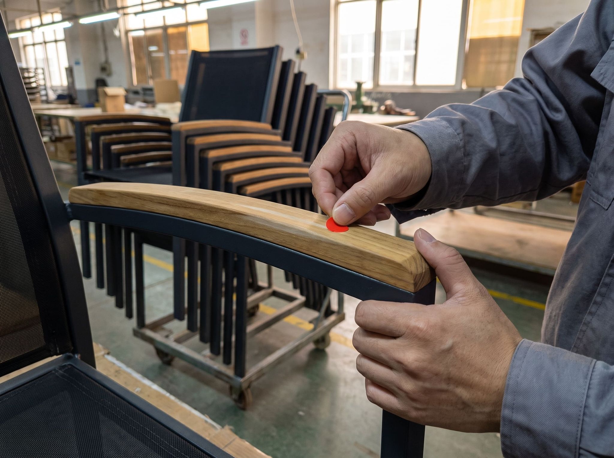 Sanding mark on a teak armrest, flagged with a red sticker placed by the inspector