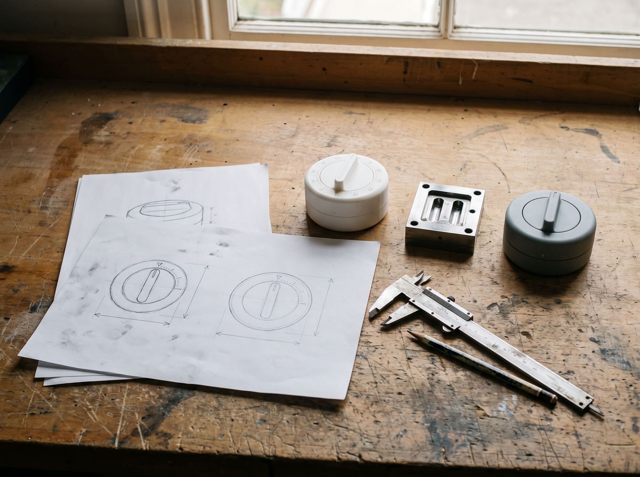 Workbench: pencil sketch of a timer, white 3D-printed prototype, steel mold insert, finished gray part and caliper