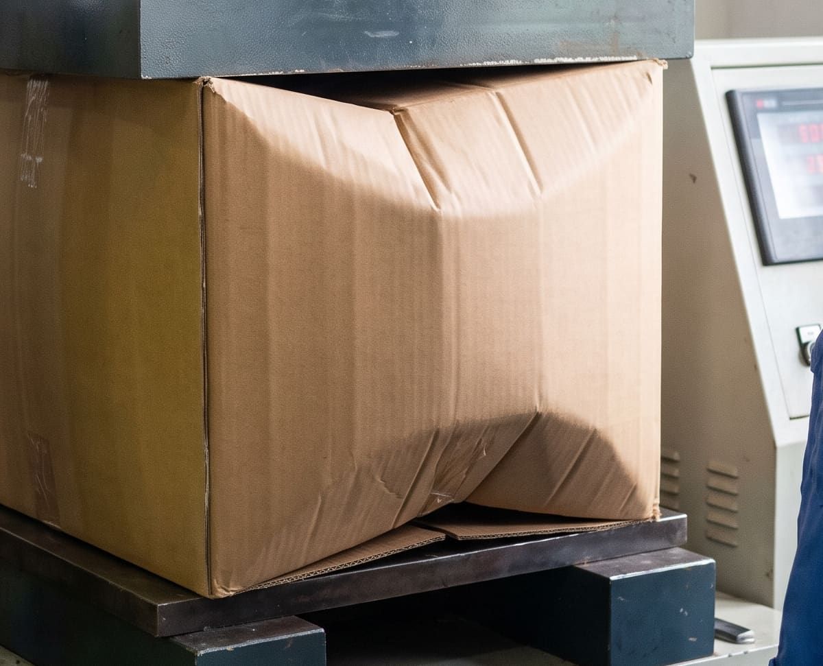 Corrugated cardboard crushed in a compression test press