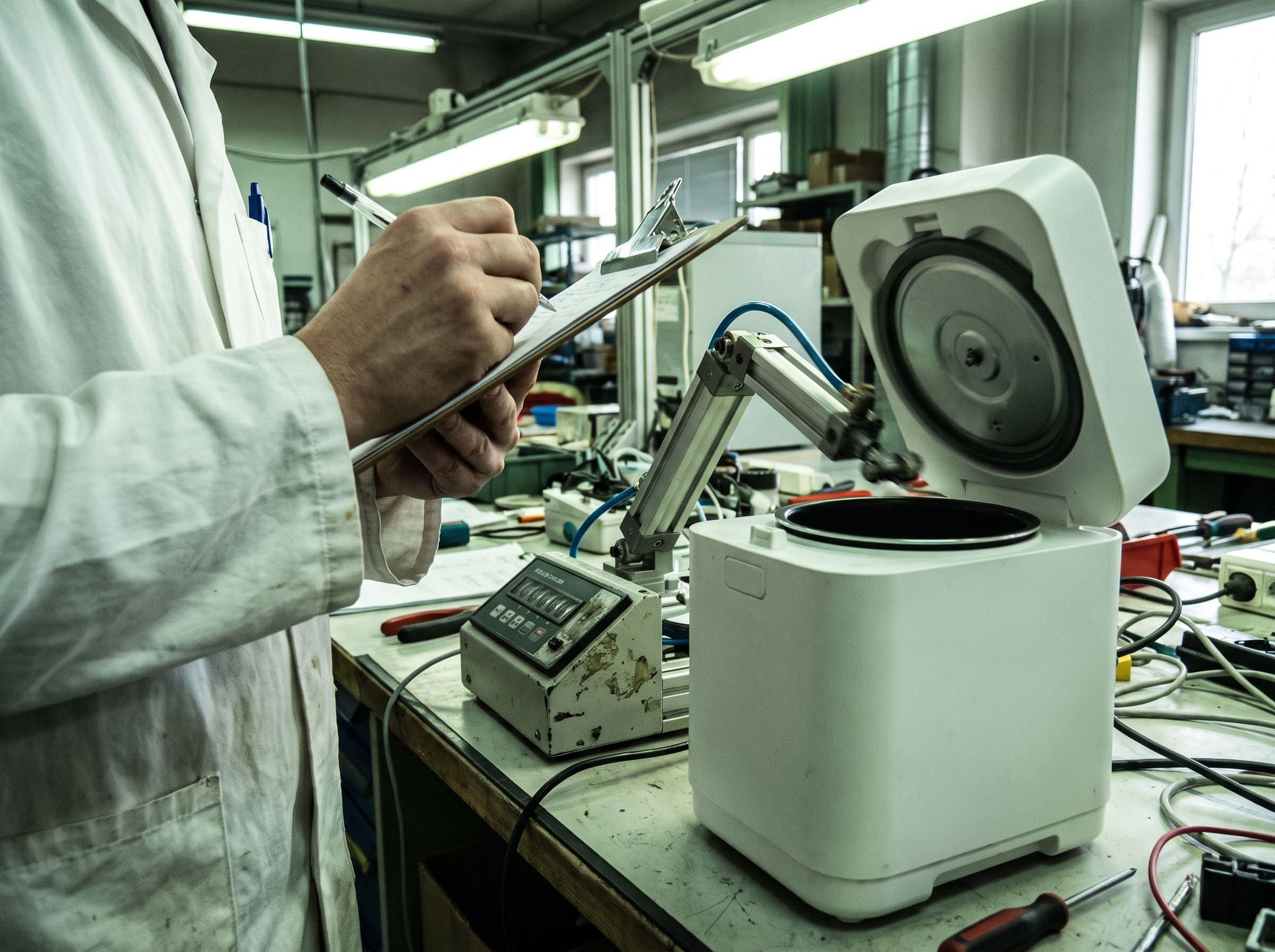Endurance test bench: a pneumatic cylinder actuates the lid of a white device, one hand records the reading