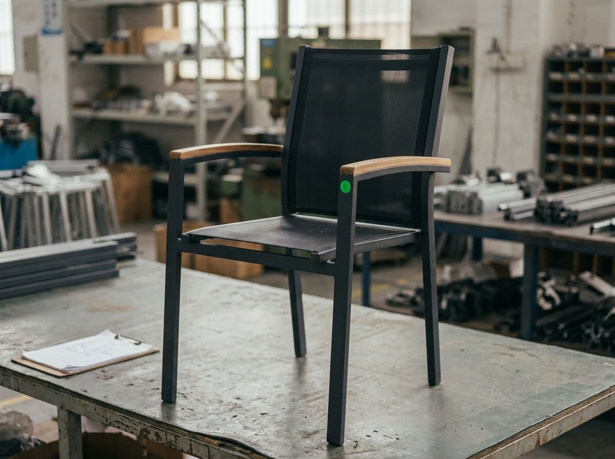 Garden armchair approved on an inspection table, green check mark