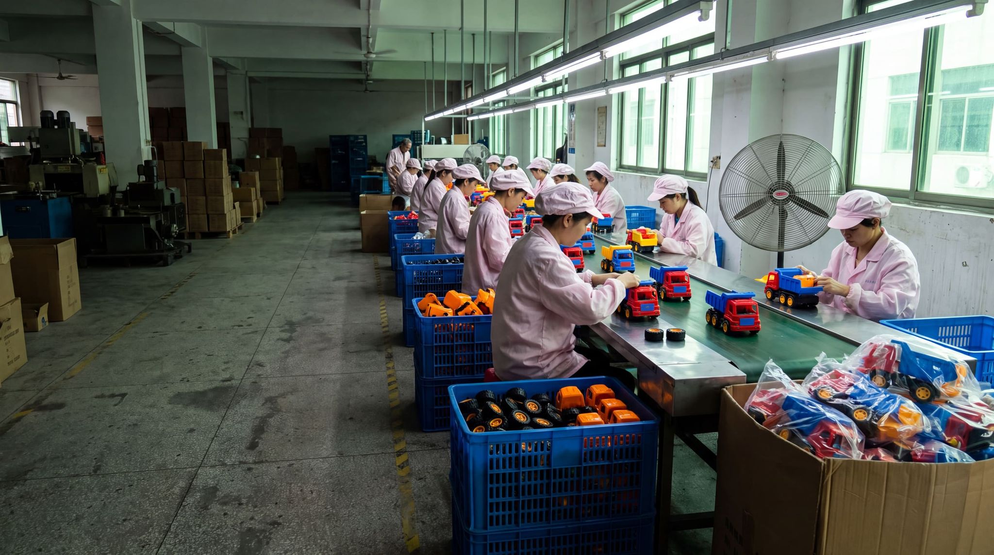 Workers in pink smocks assembling colorful plastic toy trucks along a factory conveyor belt