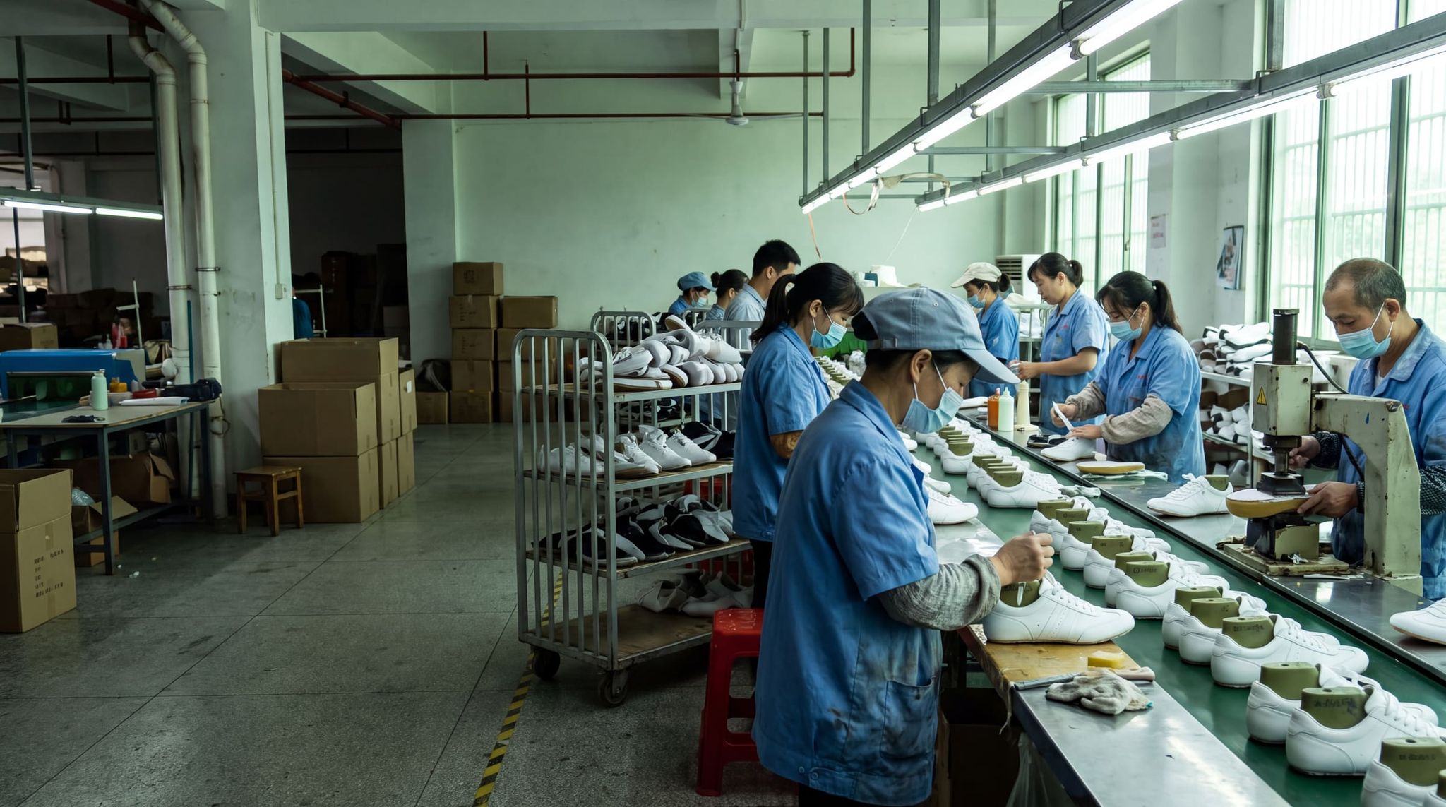 White sneaker assembly line on lasts, workers in blue smocks and masks, shelf carts