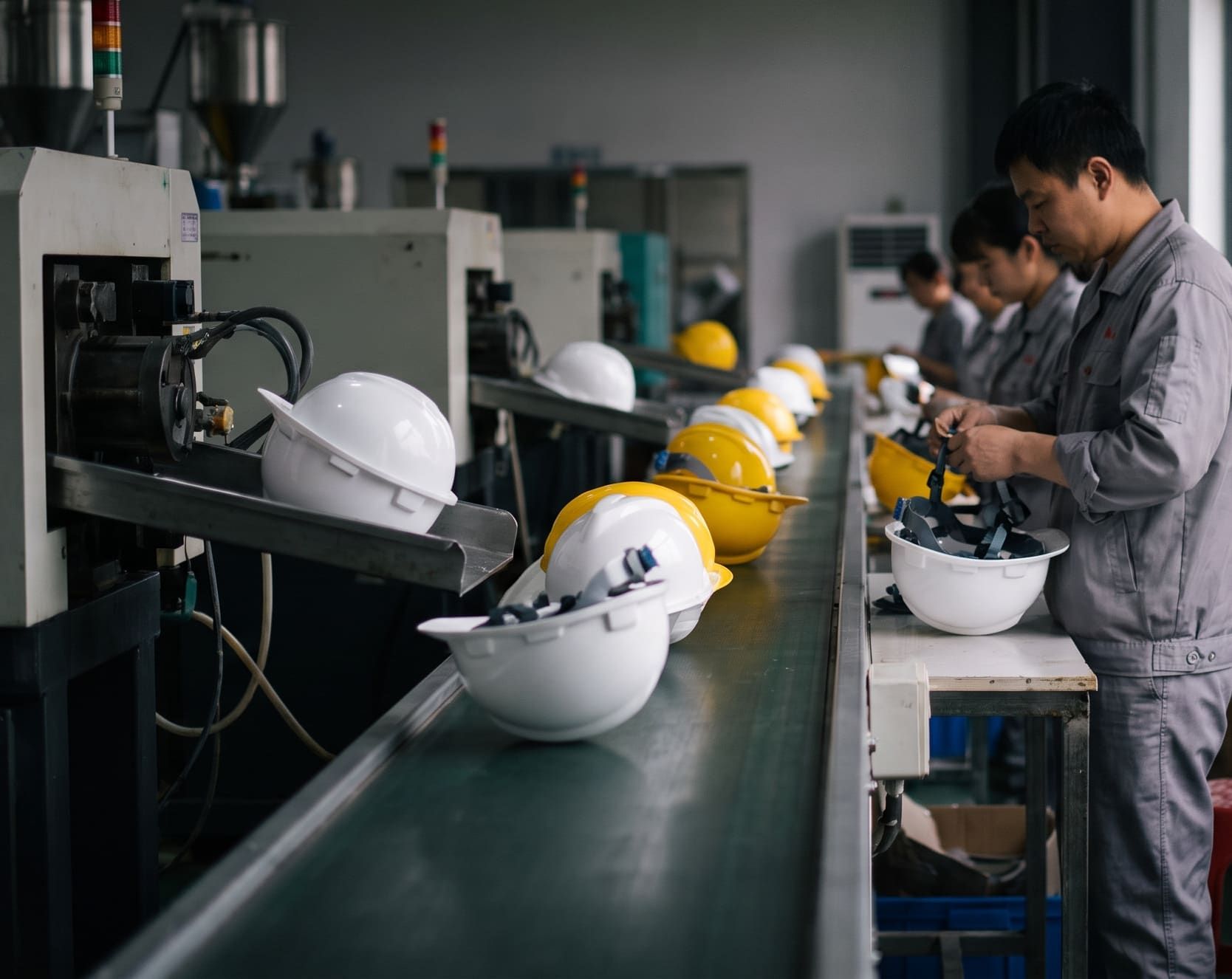 Protective helmets coming out of the press onto a conveyor