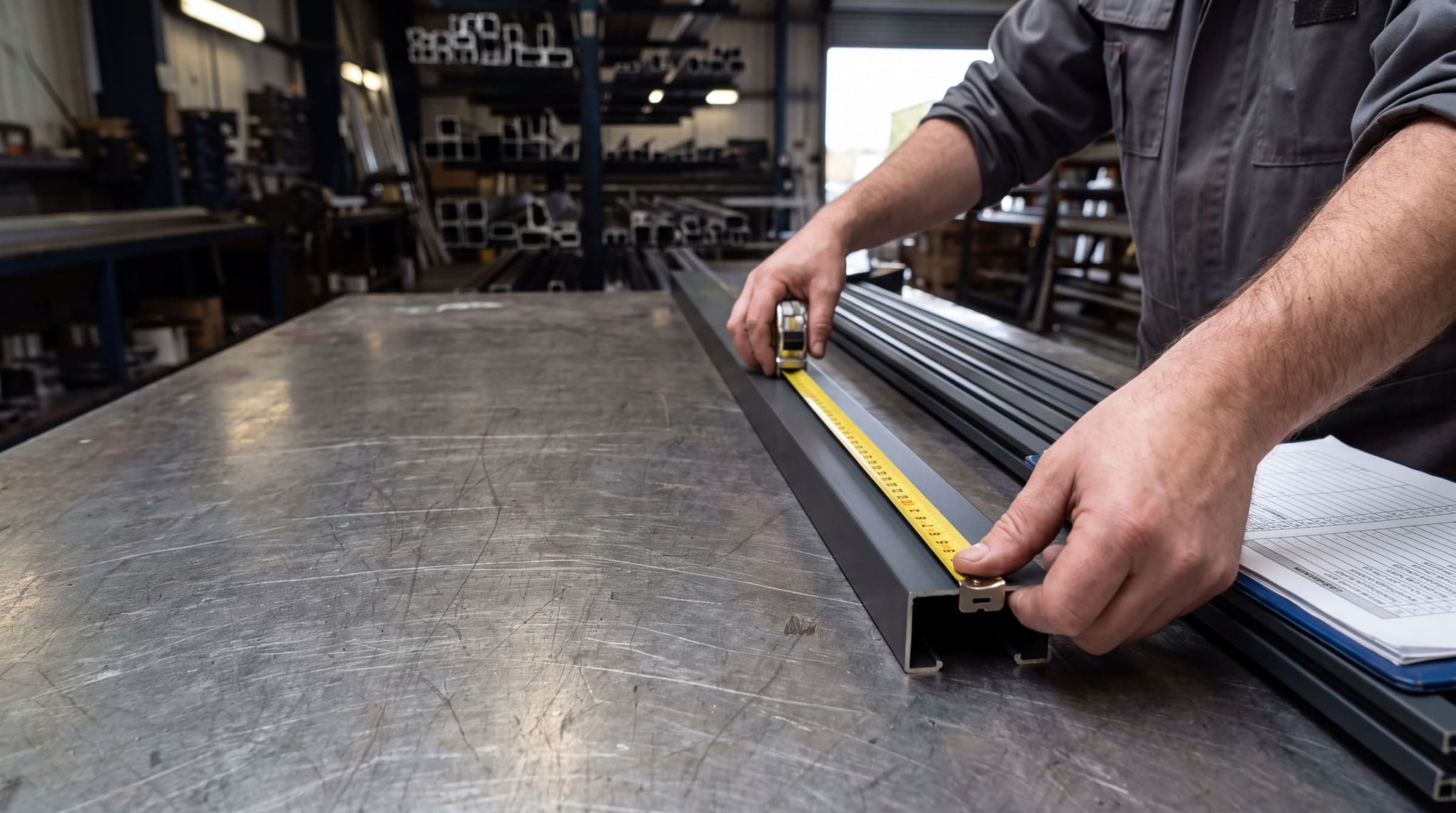 Measuring the length of an anthracite aluminum profile with a tape measure, on an inspection bench
