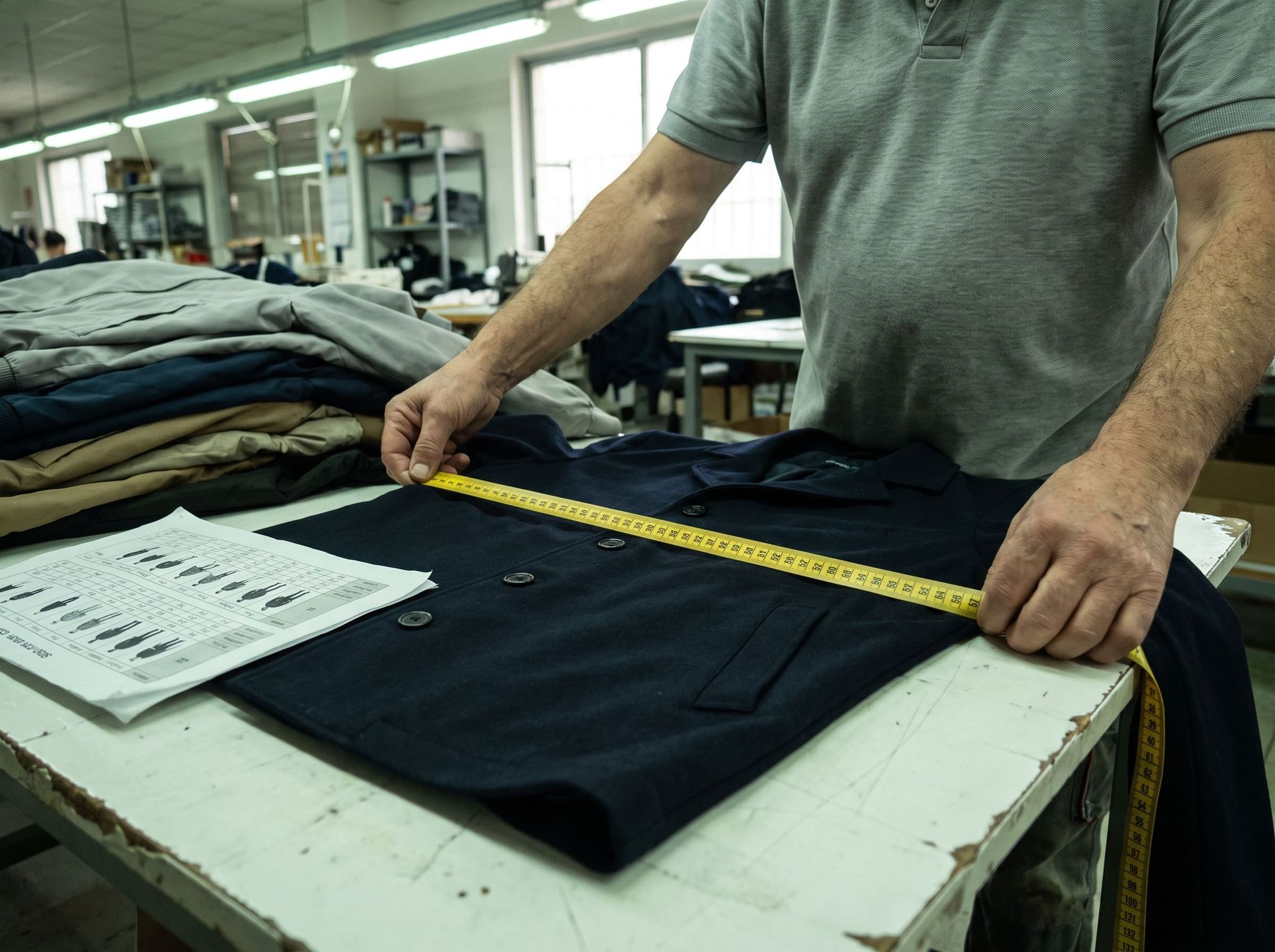 Two hands stretch a yellow tape measure across a navy jacket laid flat, size chart beside it