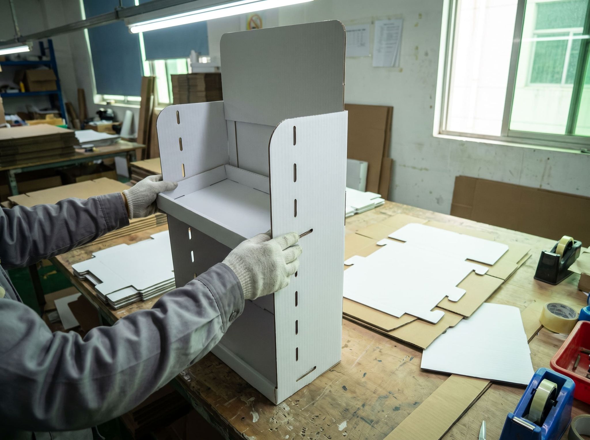 Two gloved hands fitting a tablet into the sides of a white corrugated cardboard display, in the workshop