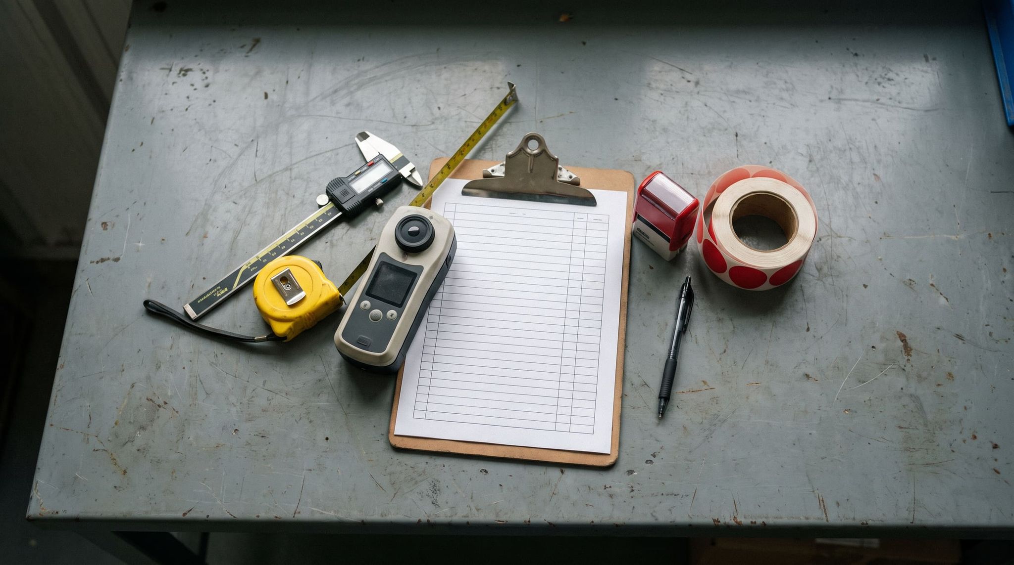 Quality control tools: caliper, tape measure, checklist, stickers