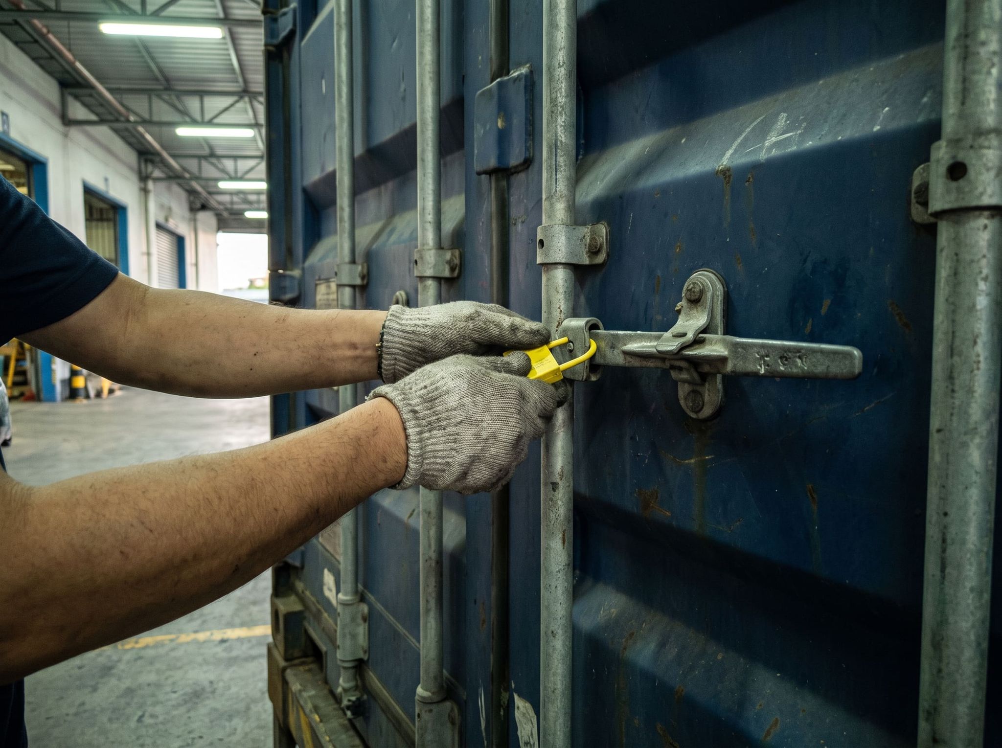 Gloved hands placing a yellow security seal on the door handle of a blue container, at the dock
