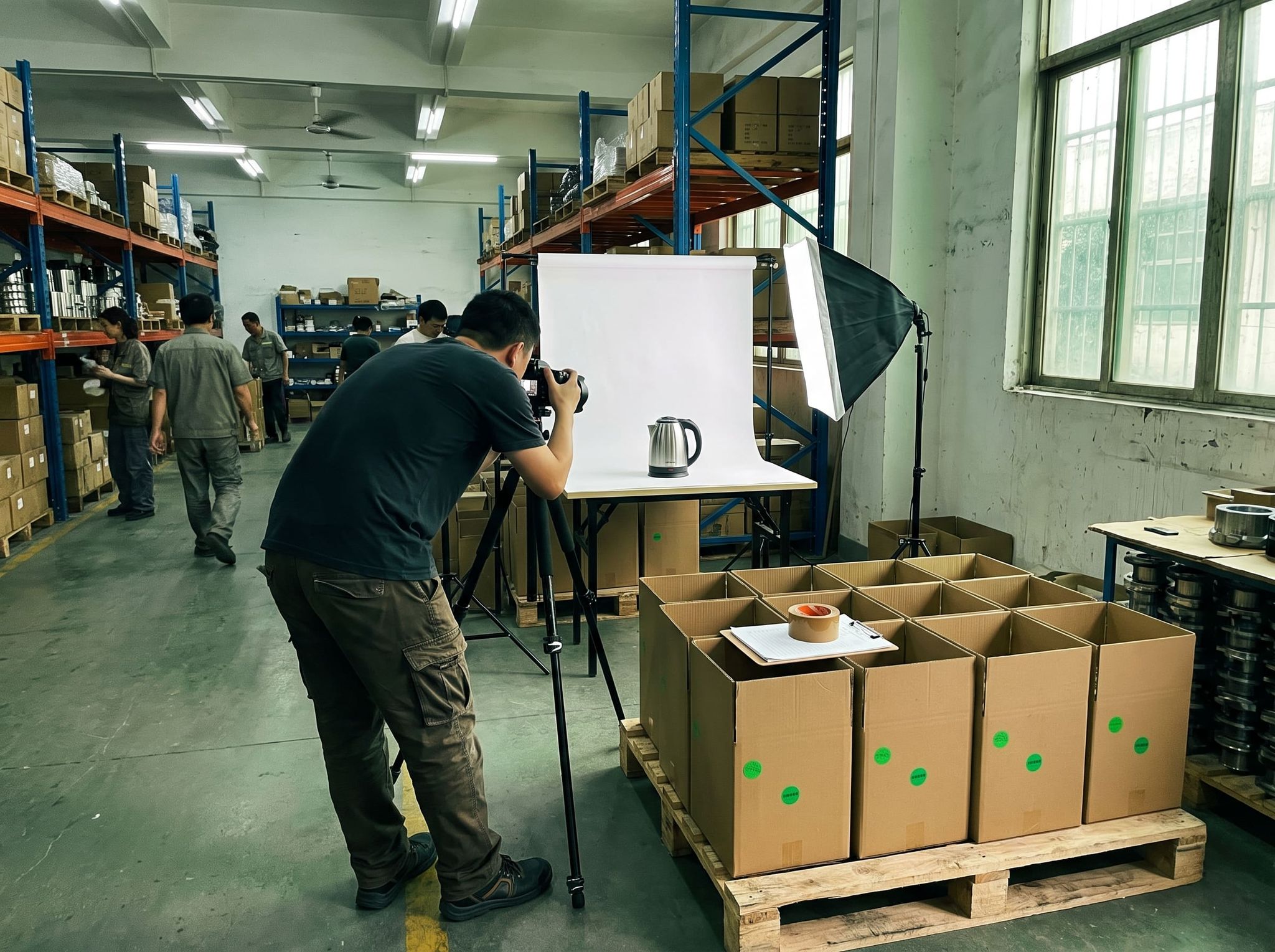 Photographer from behind framing a stainless steel kettle on a portable white background in a warehouse, boxes dotted with green