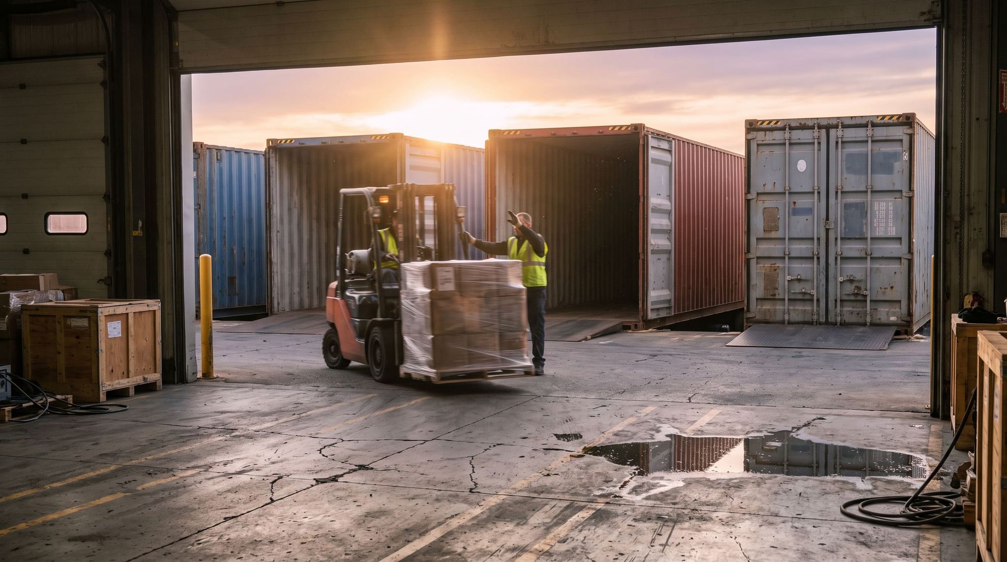 Loading dock at sunset, containers and forklift