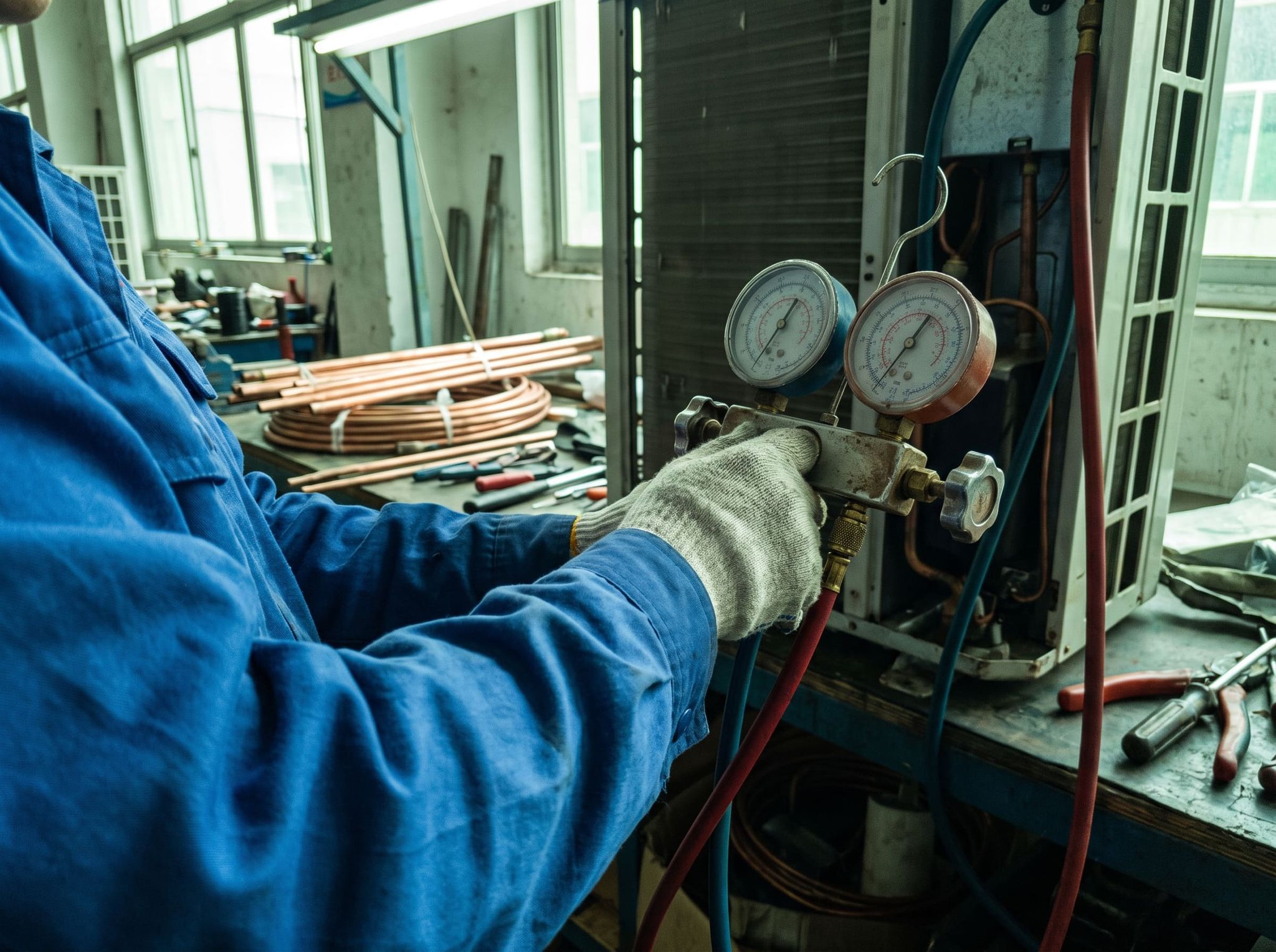 A gloved hand holds a two-gauge manifold connected by blue and red hoses to an outdoor unit