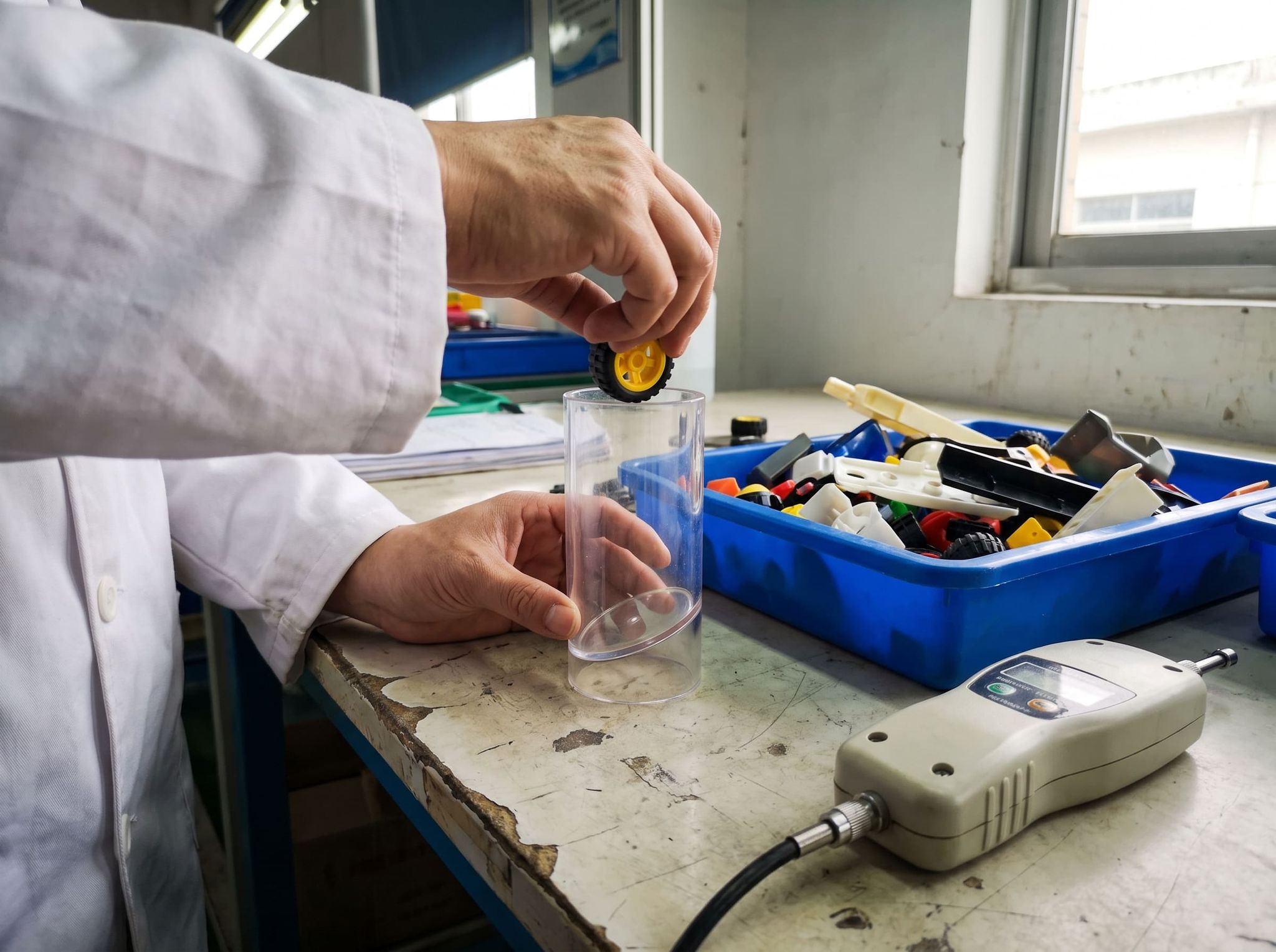A hand places a small yellow toy wheel into a small-parts test cylinder, next to a bin of parts