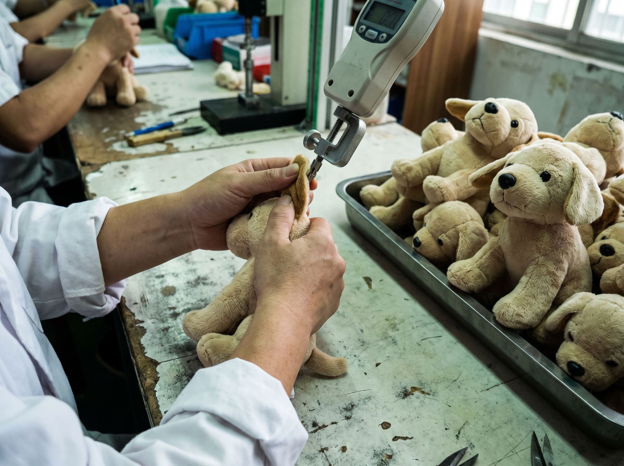 Hands holding a plush dog whose ear is being pulled by a force gauge clamp, bin of identical plush toys next to it